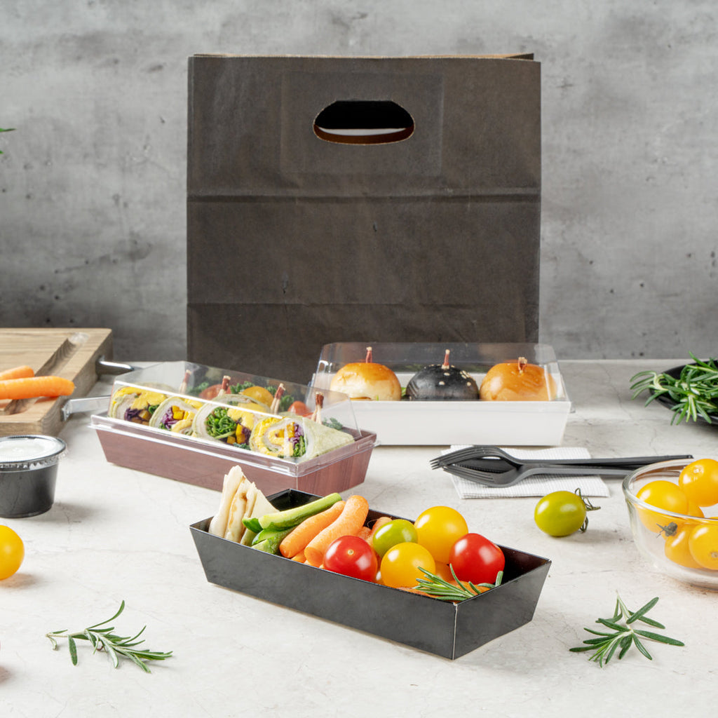 Matsuri Vision Rectangle Black Paper Large Sushi Container - 7" x 2 3/4" x 1 1/2" - 100 count box
