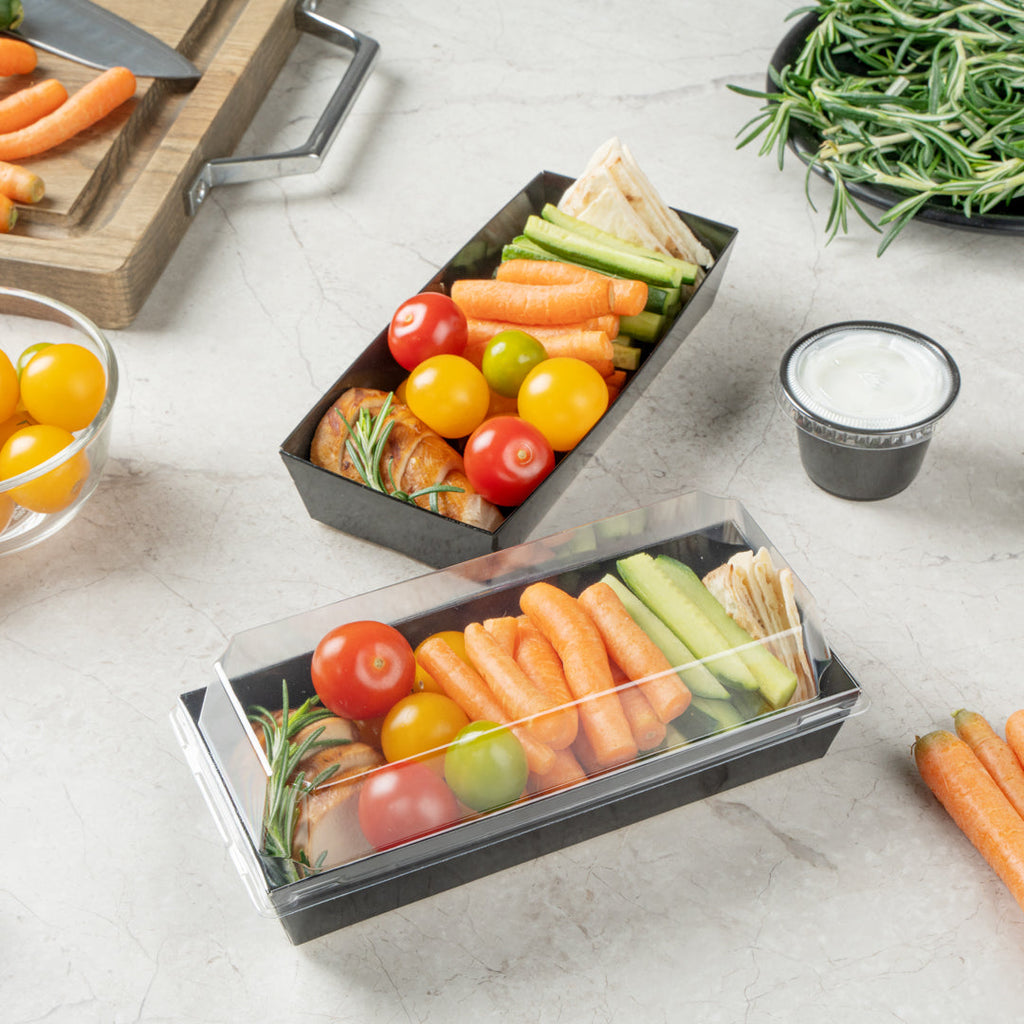 Matsuri Vision Rectangle Black Paper Large Sushi Container - 7" x 2 3/4" x 1 1/2" - 100 count box