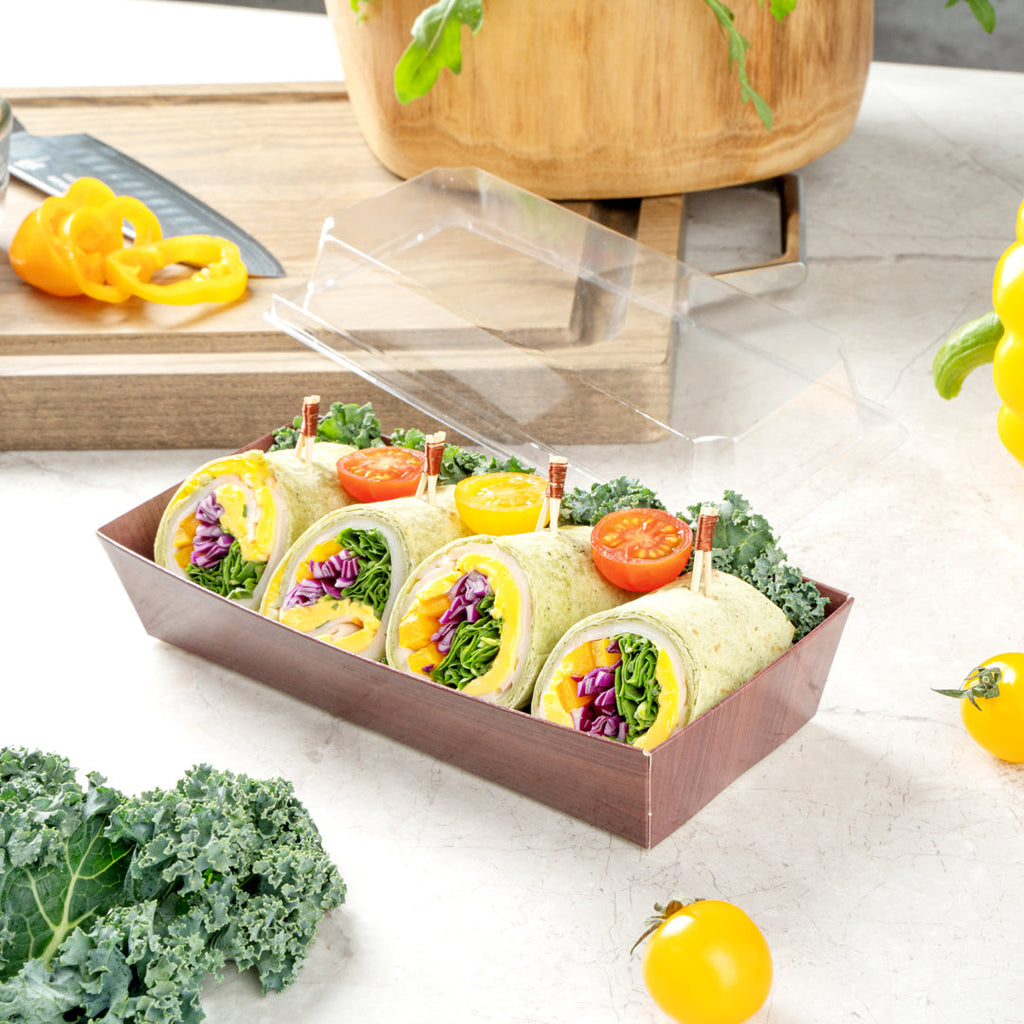 Matsuri Vision Rectangle Wood Grain Paper Large Sushi Container - 7" x 2 3/4" x 1 1/2" - 100 count box
