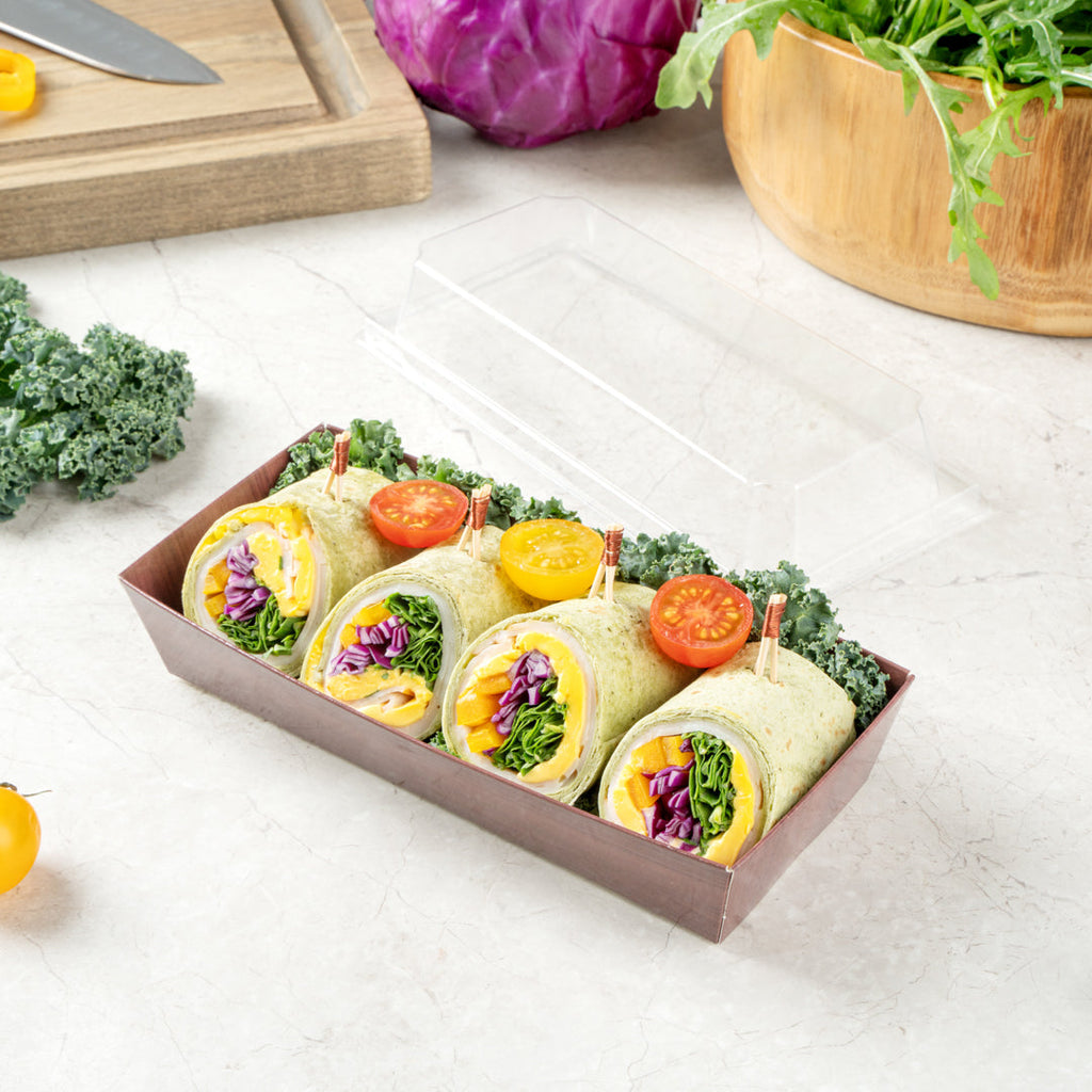 Matsuri Vision Rectangle Wood Grain Paper Large Sushi Container - 7" x 2 3/4" x 1 1/2" - 100 count box