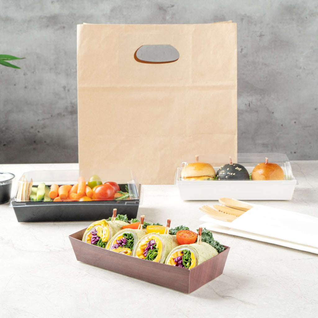 Matsuri Vision Rectangle Wood Grain Paper Large Sushi Container - 7" x 2 3/4" x 1 1/2" - 100 count box