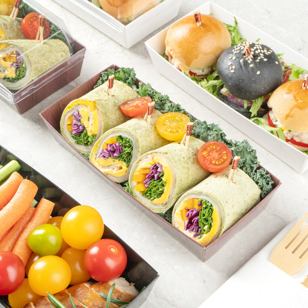 Matsuri Vision Rectangle Wood Grain Paper Large Sushi Container - 7" x 2 3/4" x 1 1/2" - 100 count box