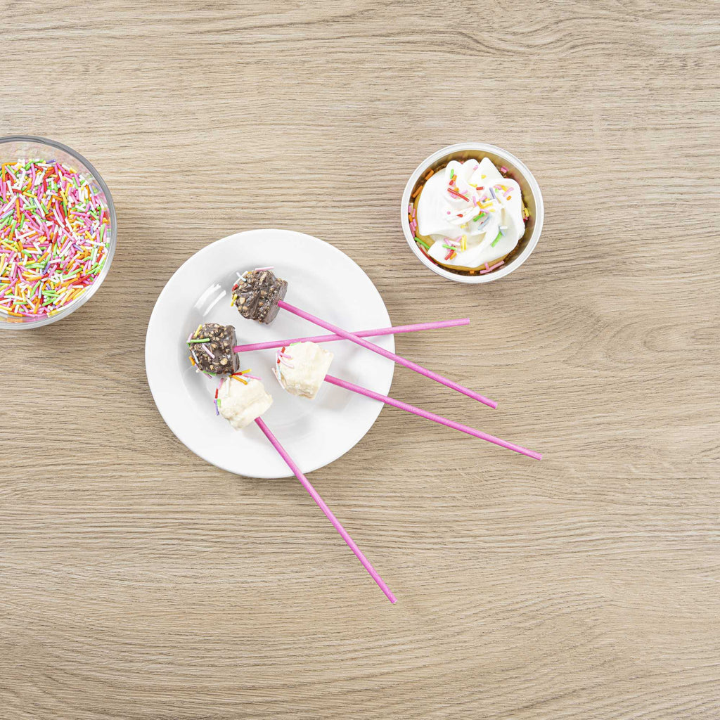 Pastry Tek Pink Paper Cake Pop and Lollipop Stick - Biodegradable - 6" x 5/32" - 25 count box