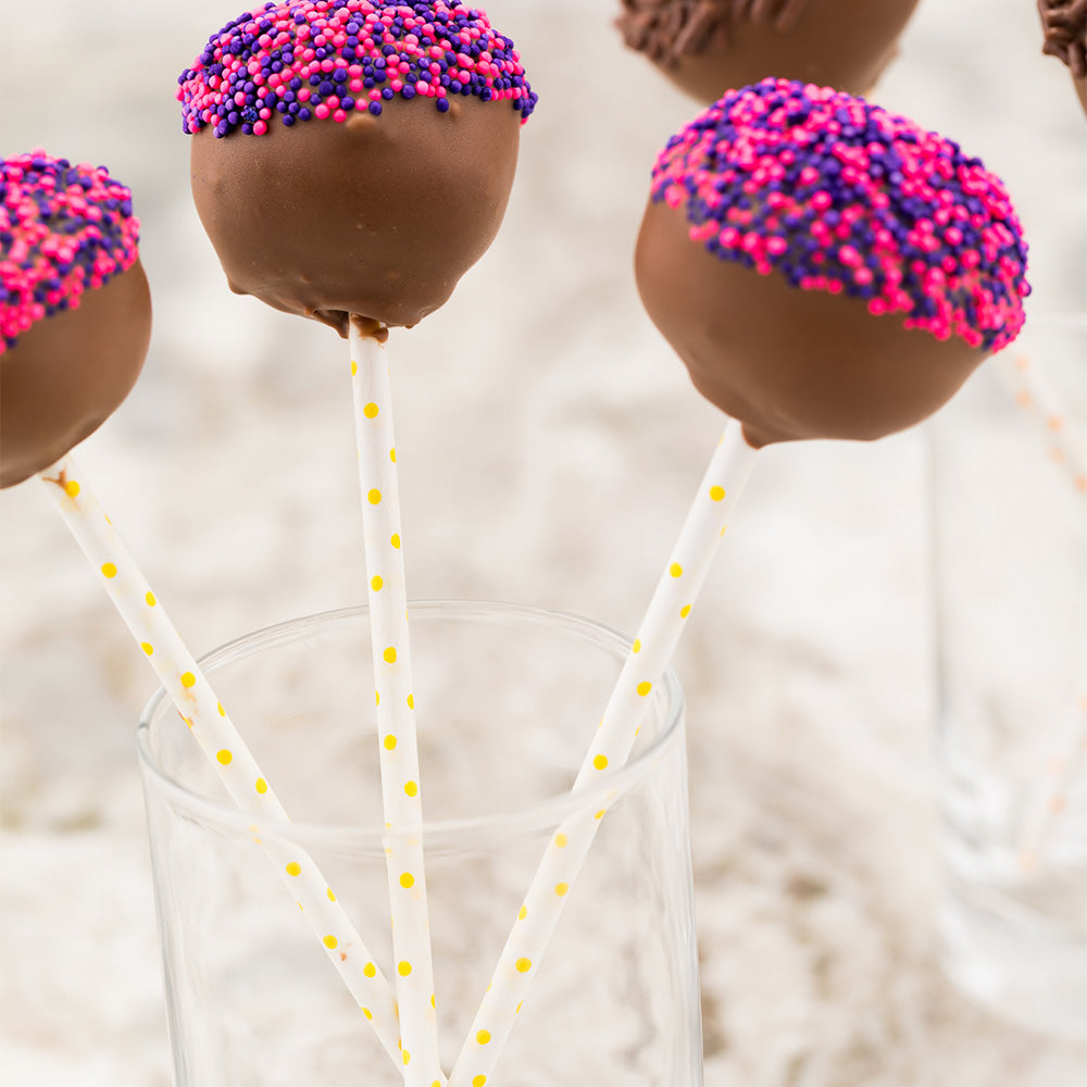 Pastry Tek Yellow Paper Cake Pop and Lollipop Stick - Polka Dots, Biodegradable - 6" x 5/32" - 25 count box