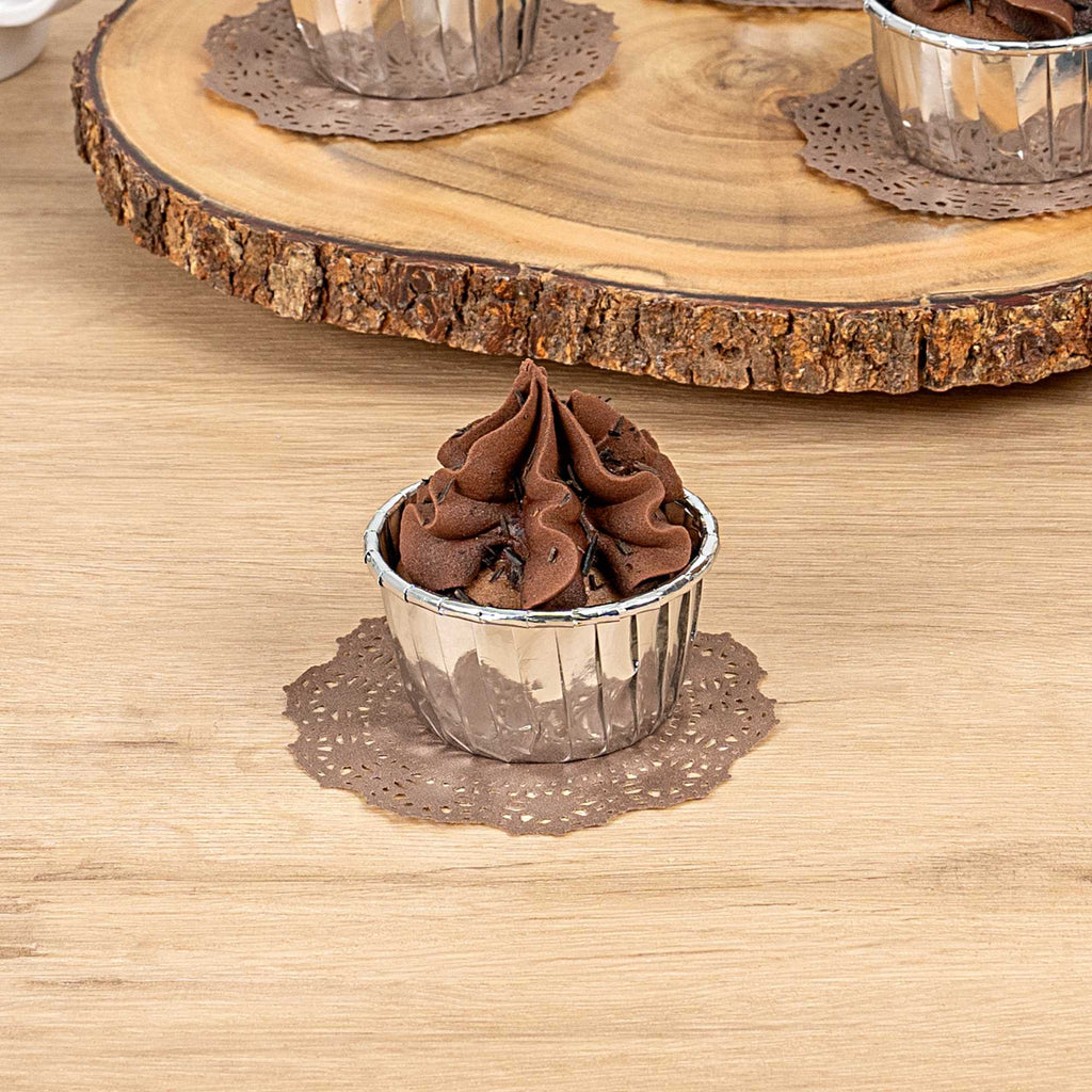 Pastry Tek Round Brown Paper Doilies - Lace - 4" x 4" - 100 count box