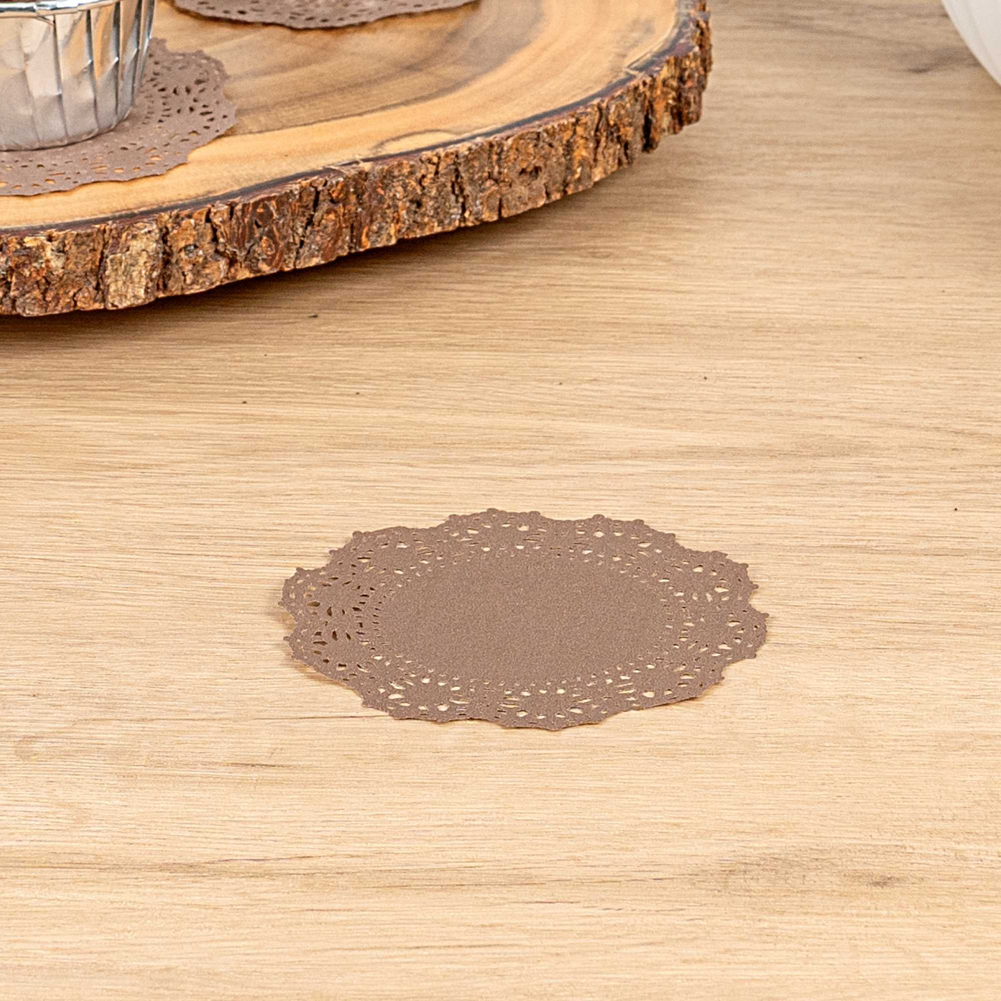 Pastry Tek Round Brown Paper Doilies - Lace - 4" x 4" - 4000 count box