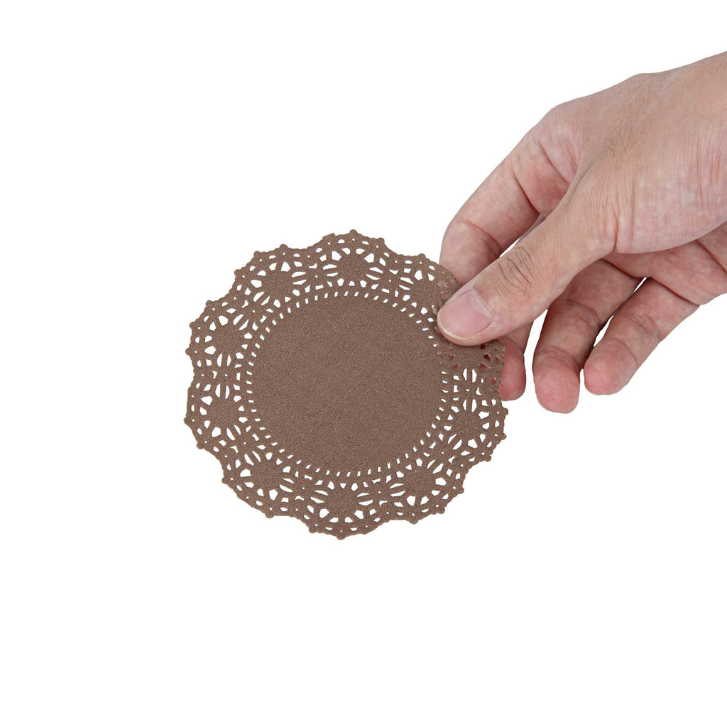 Pastry Tek Round Brown Paper Doilies - Lace - 4" x 4" - 100 count box