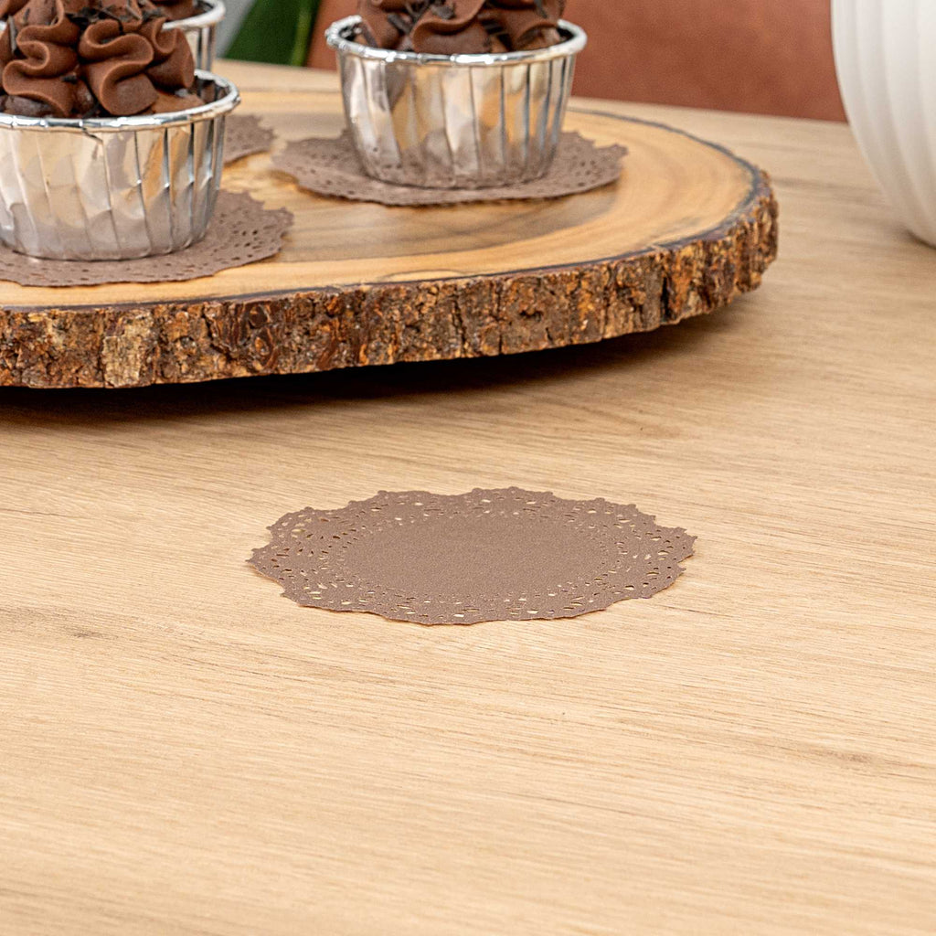 Pastry Tek Round Brown Paper Doilies - Lace - 4" x 4" - 100 count box