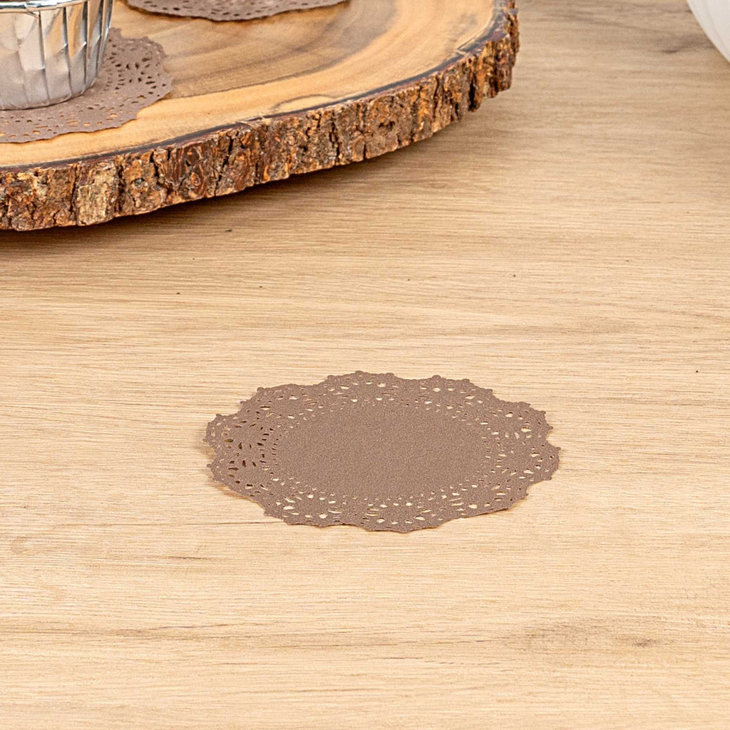 Pastry Tek Round Brown Paper Doilies - Lace - 4" x 4" - 100 count box