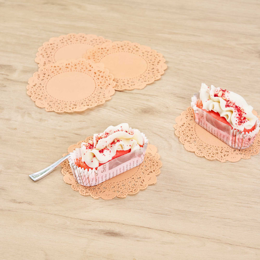 Pastry Tek Round Coral Paper Doilies - Lace - 4" x 4" - 100 count box