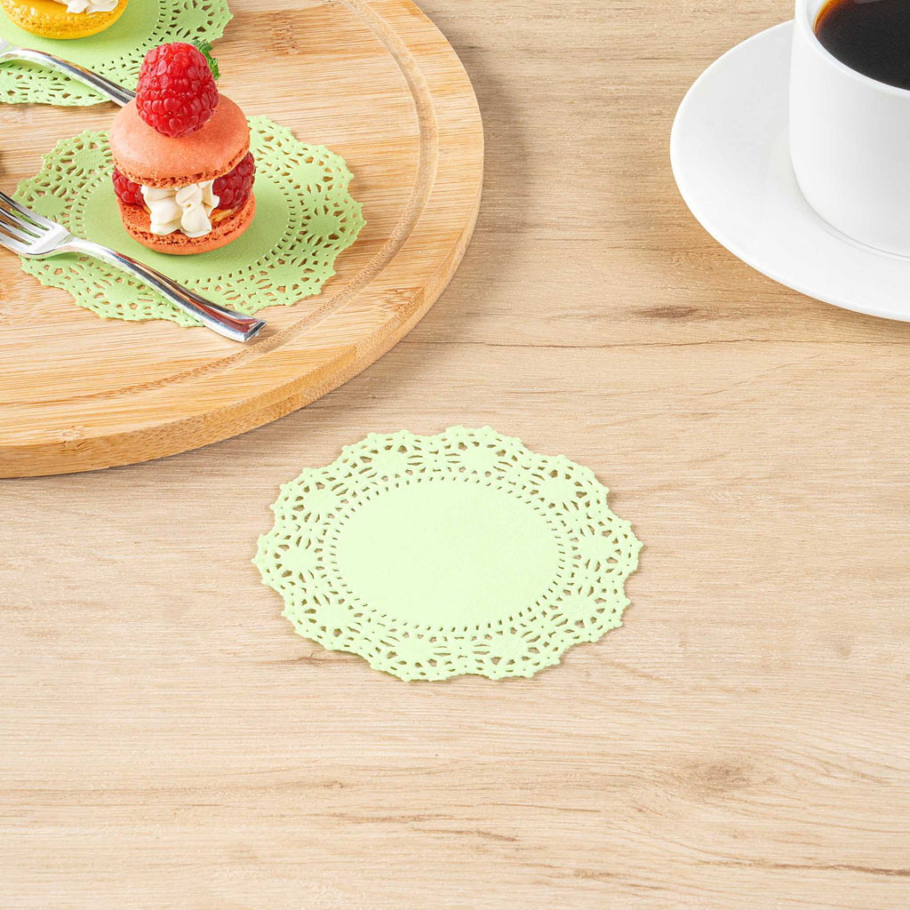 Pastry Tek Round Green Paper Doilies - Lace - 4" x 4" - 4000 count box