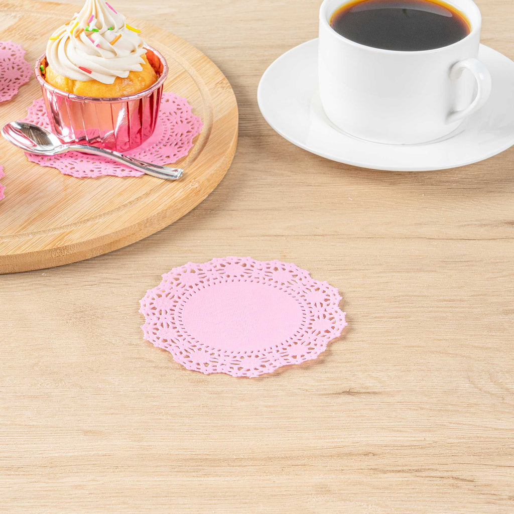Pastry Tek Round Pink Paper Doilies - Lace - 4" x 4" - 4000 count box
