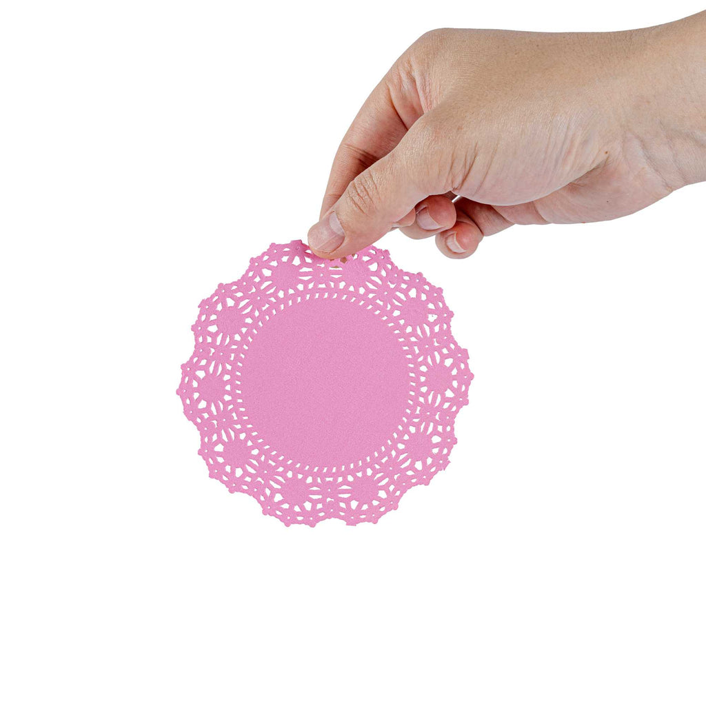 Pastry Tek Round Pink Paper Doilies - Lace - 4" x 4" - 100 count box