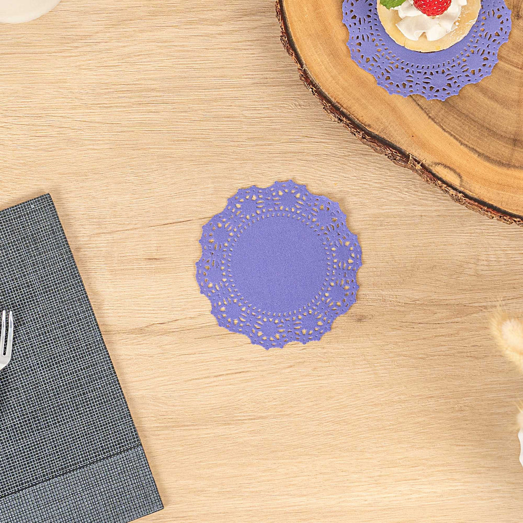 Pastry Tek Round Purple Paper Doilies - Lace - 4" x 4" - 4000 count box