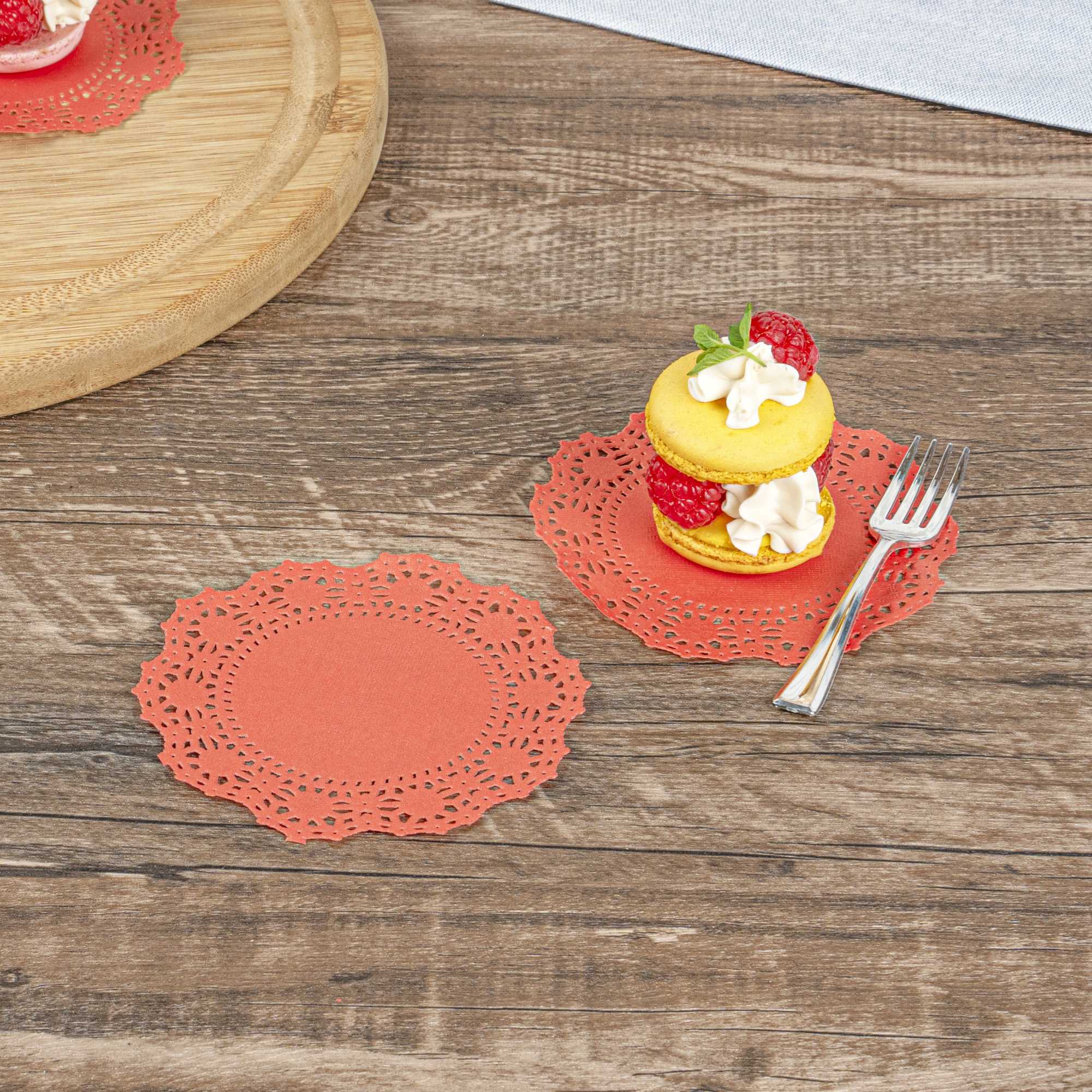 Pastry Tek Round Red Paper Doilies - Lace - 4" x 4" - 4000 count box