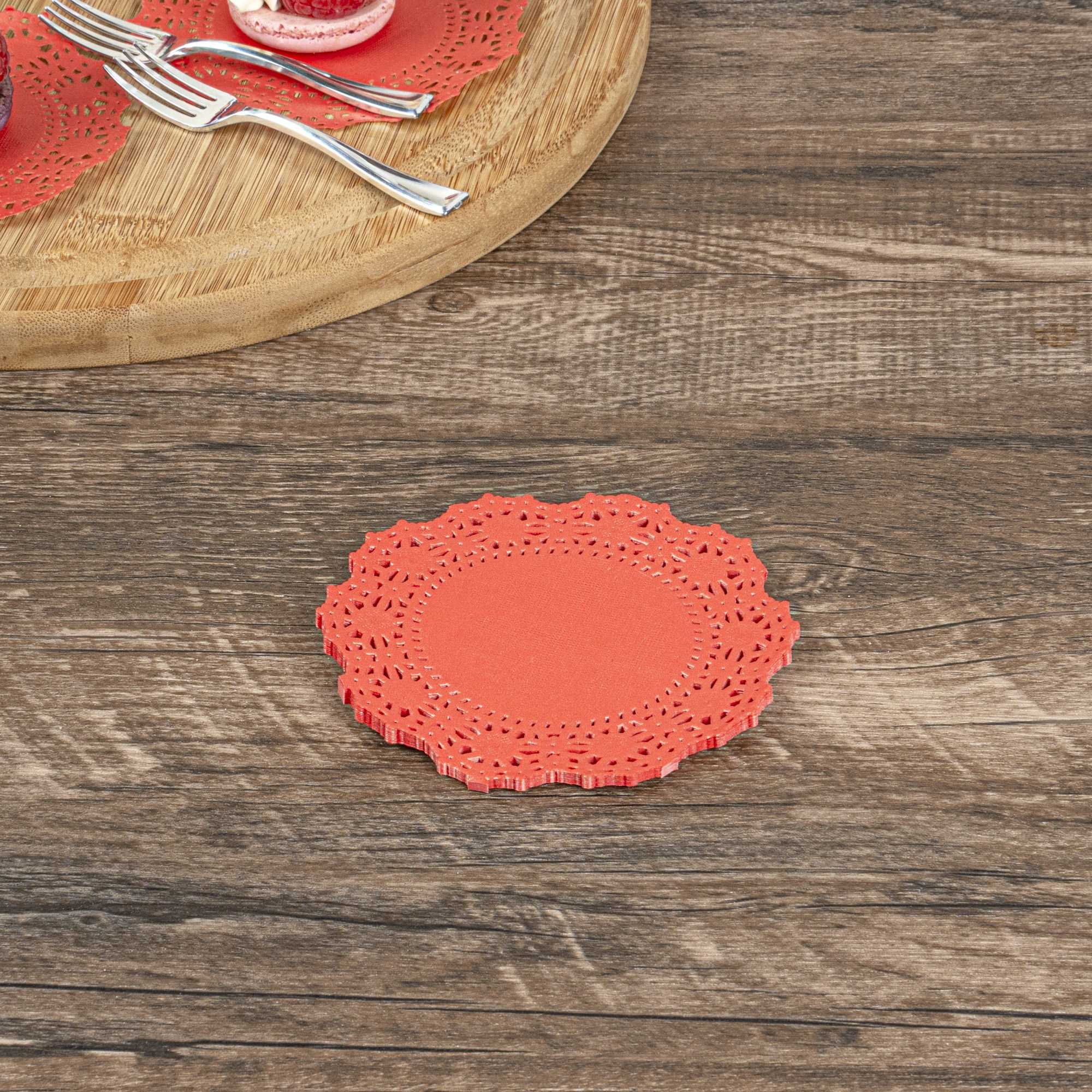 Pastry Tek Round Red Paper Doilies - Lace - 4" x 4" - 4000 count box