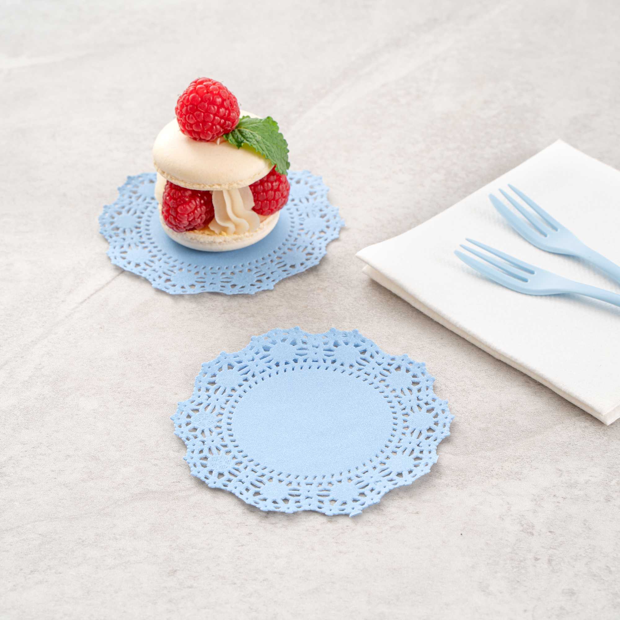 Pastry Tek Round Sky Blue Paper Doilies - Lace - 4" x 4" - 100 count box