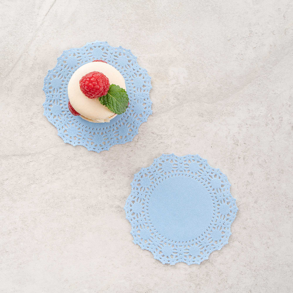 Pastry Tek Round Sky Blue Paper Doilies - Lace - 4" x 4" - 4000 count box