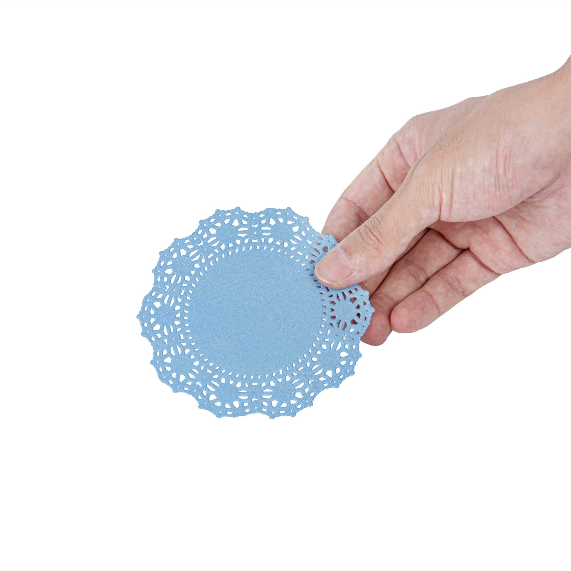 Pastry Tek Round Sky Blue Paper Doilies - Lace - 4" x 4" - 100 count box
