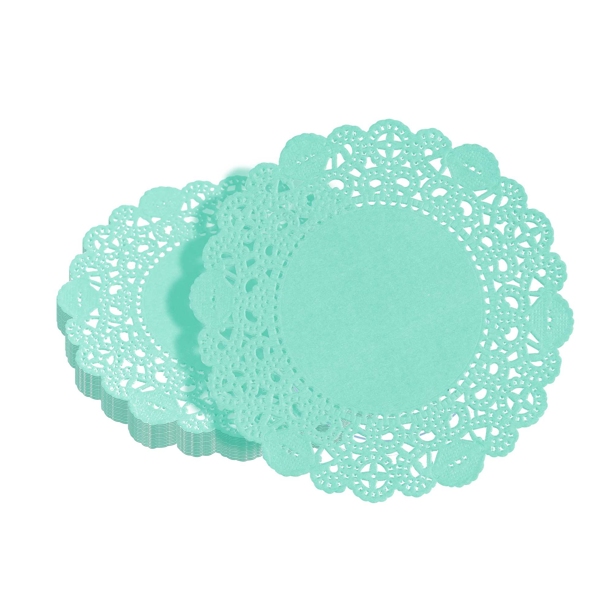 Pastry Tek Round Teal Paper Doilies - Lace - 4" x 4" - 100 count box