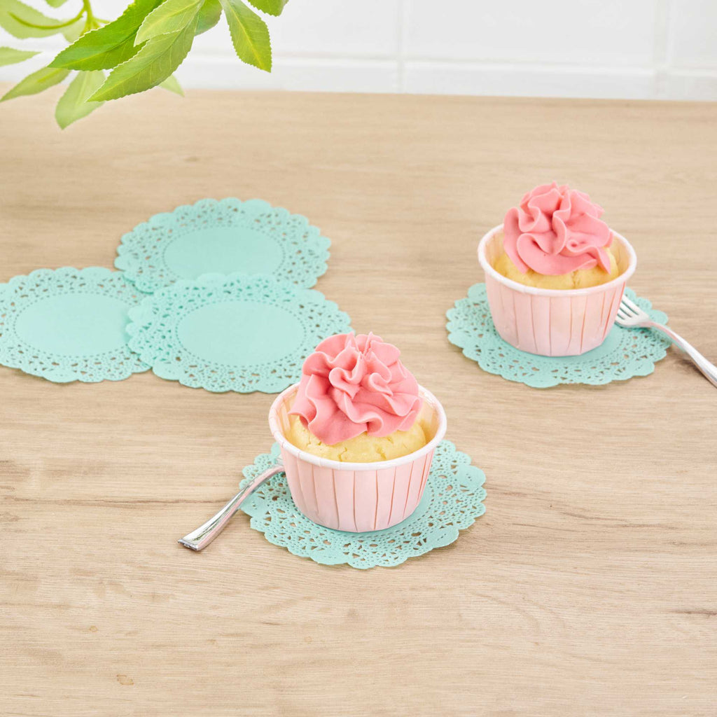 Pastry Tek Round Teal Paper Doilies - Lace - 4" x 4" - 100 count box