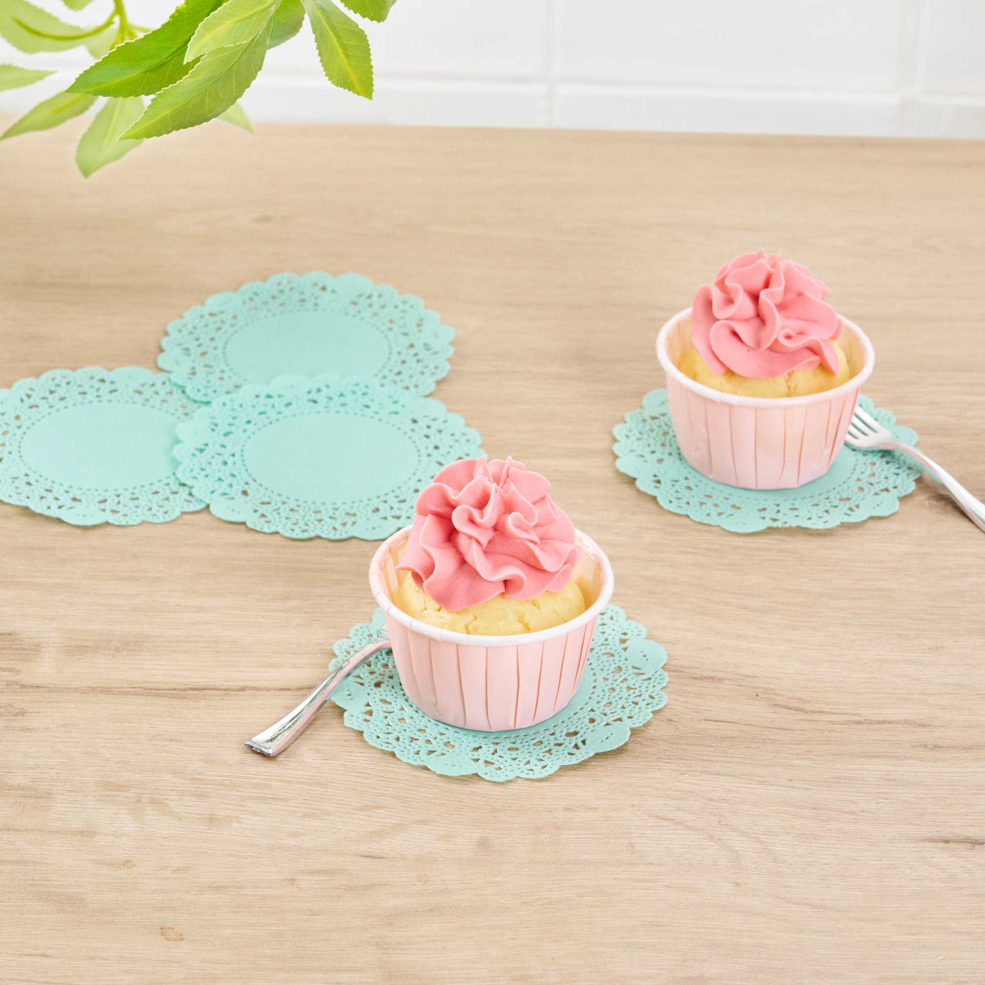 Pastry Tek Round Teal Paper Doilies - Lace - 4" x 4" - 100 count box