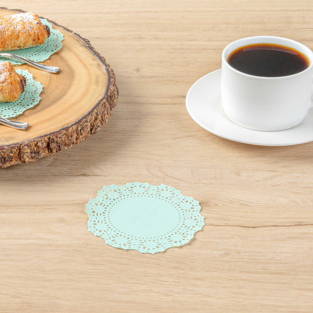Pastry Tek Round Teal Paper Doilies - Lace - 4" x 4" - 4000 count box