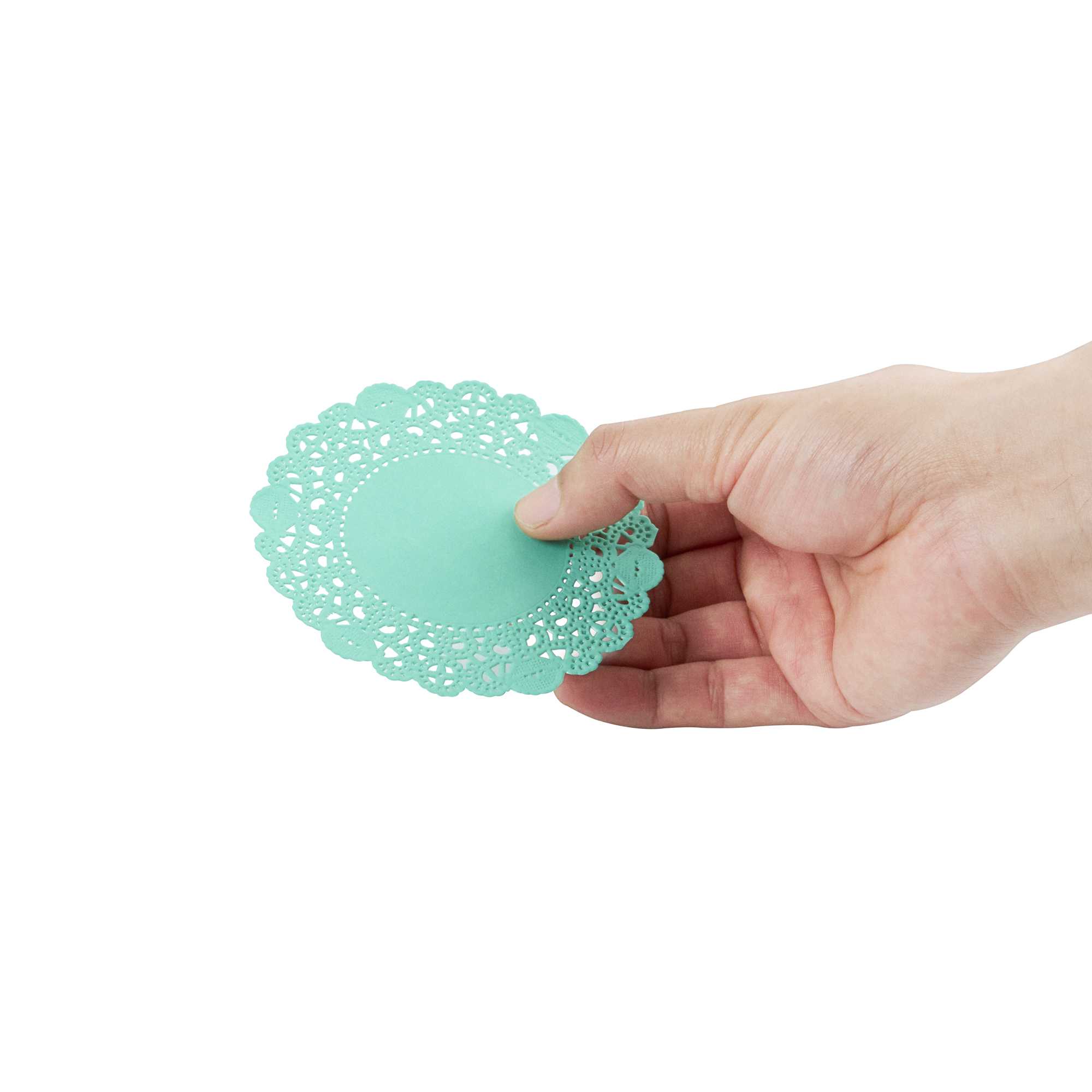 Pastry Tek Round Teal Paper Doilies - Lace - 4" x 4" - 100 count box