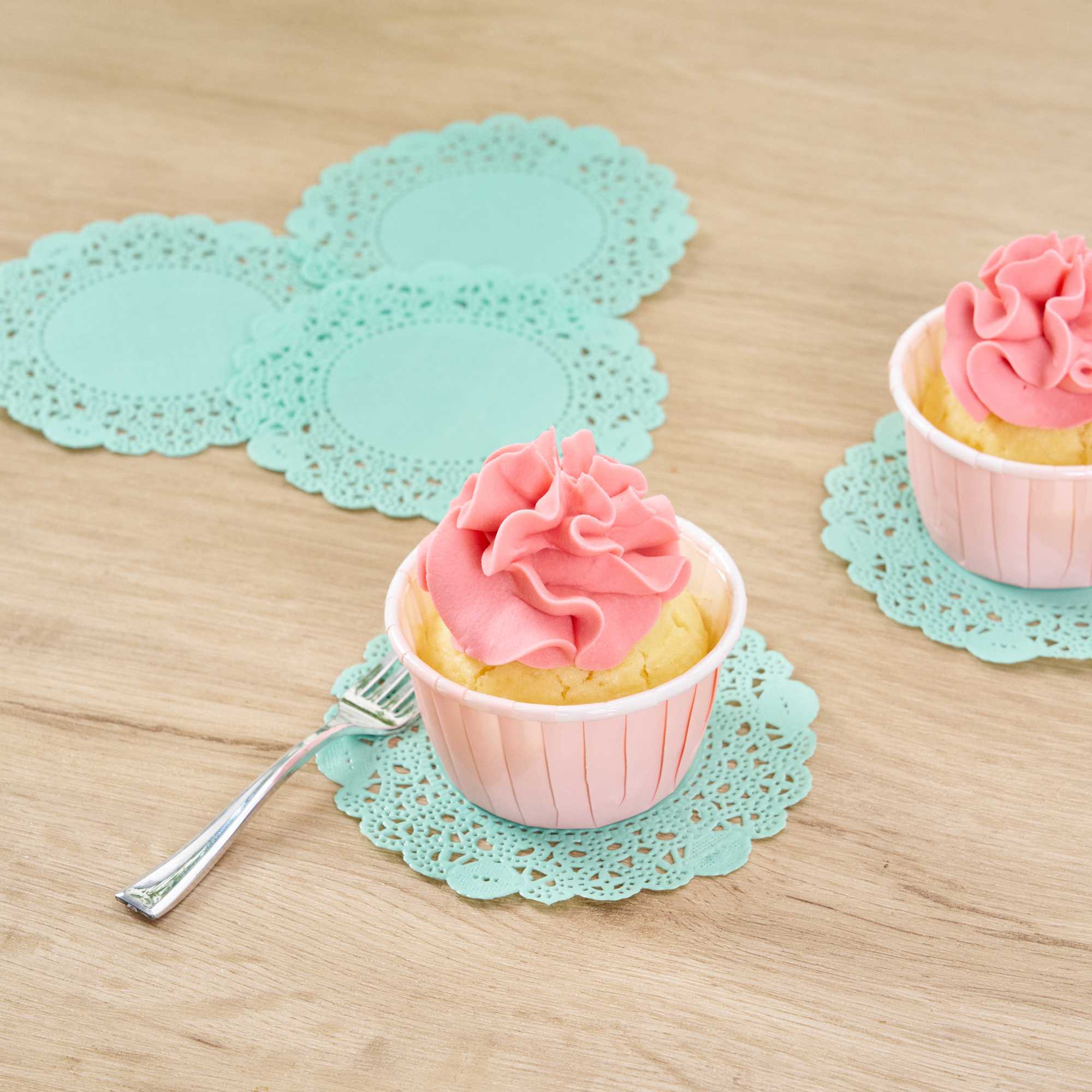 Pastry Tek Round Teal Paper Doilies - Lace - 4" x 4" - 100 count box
