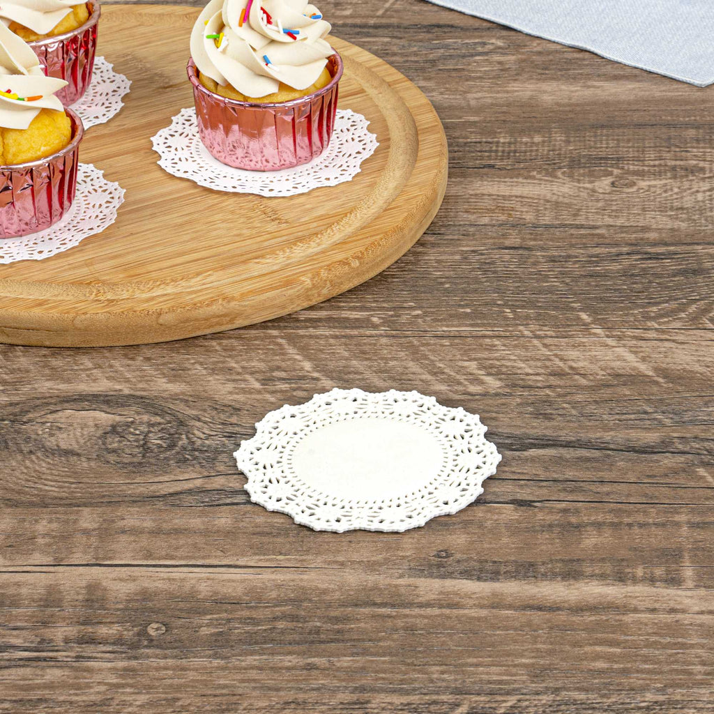 Pastry Tek Round White Paper Doilies - Lace - 4" x 4" - 4000 count box