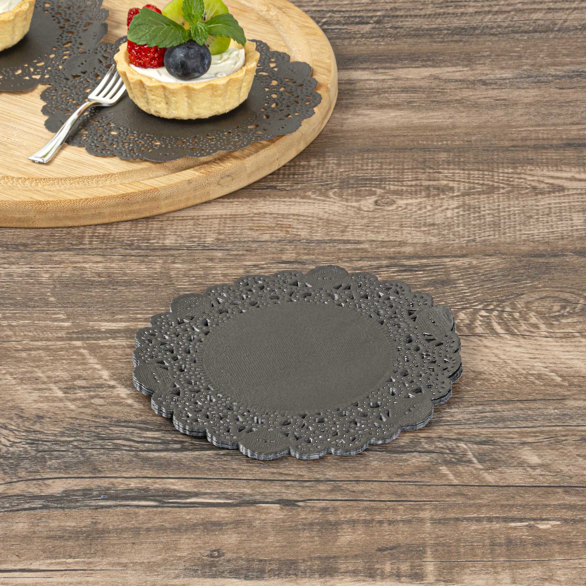 Pastry Tek Round Black Paper Doilies - Lace - 6" x 6" - 4000 count box