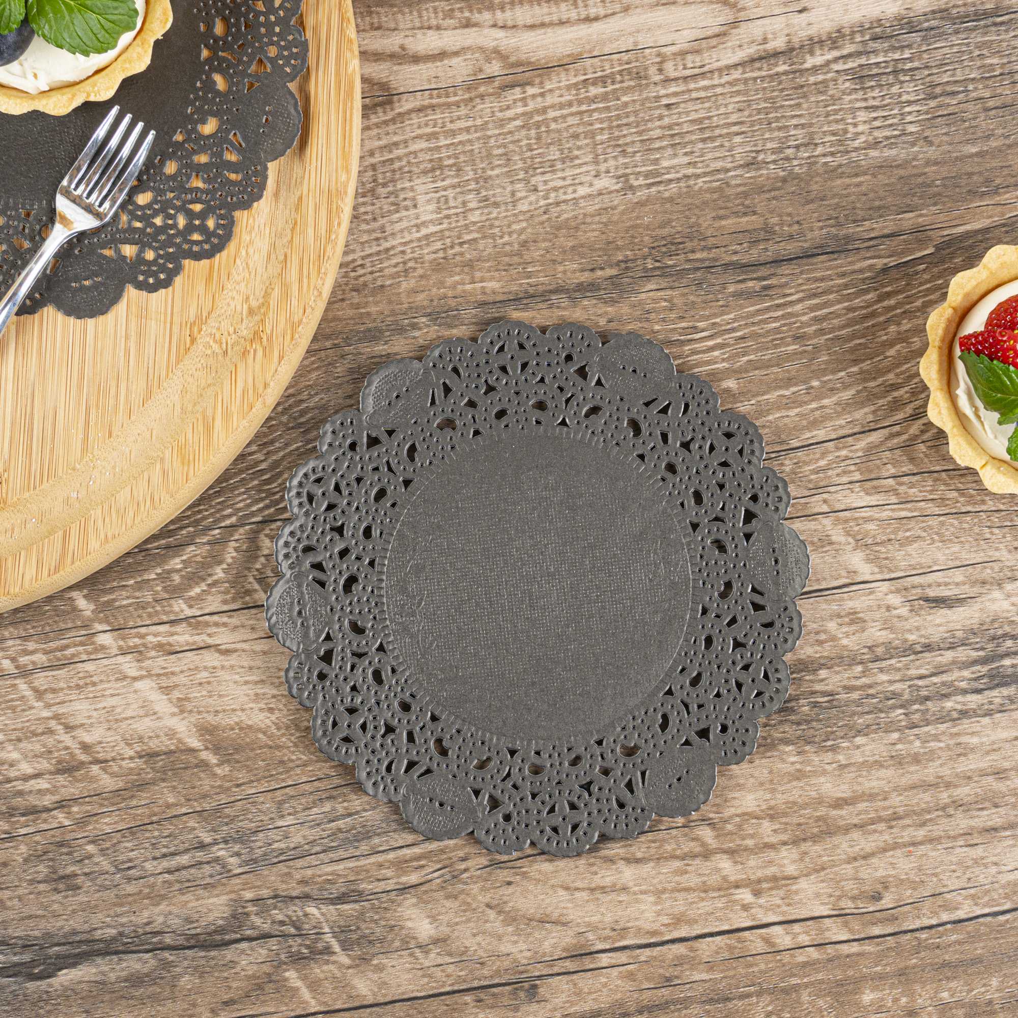 Pastry Tek Round Black Paper Doilies - Lace - 6" x 6" - 4000 count box