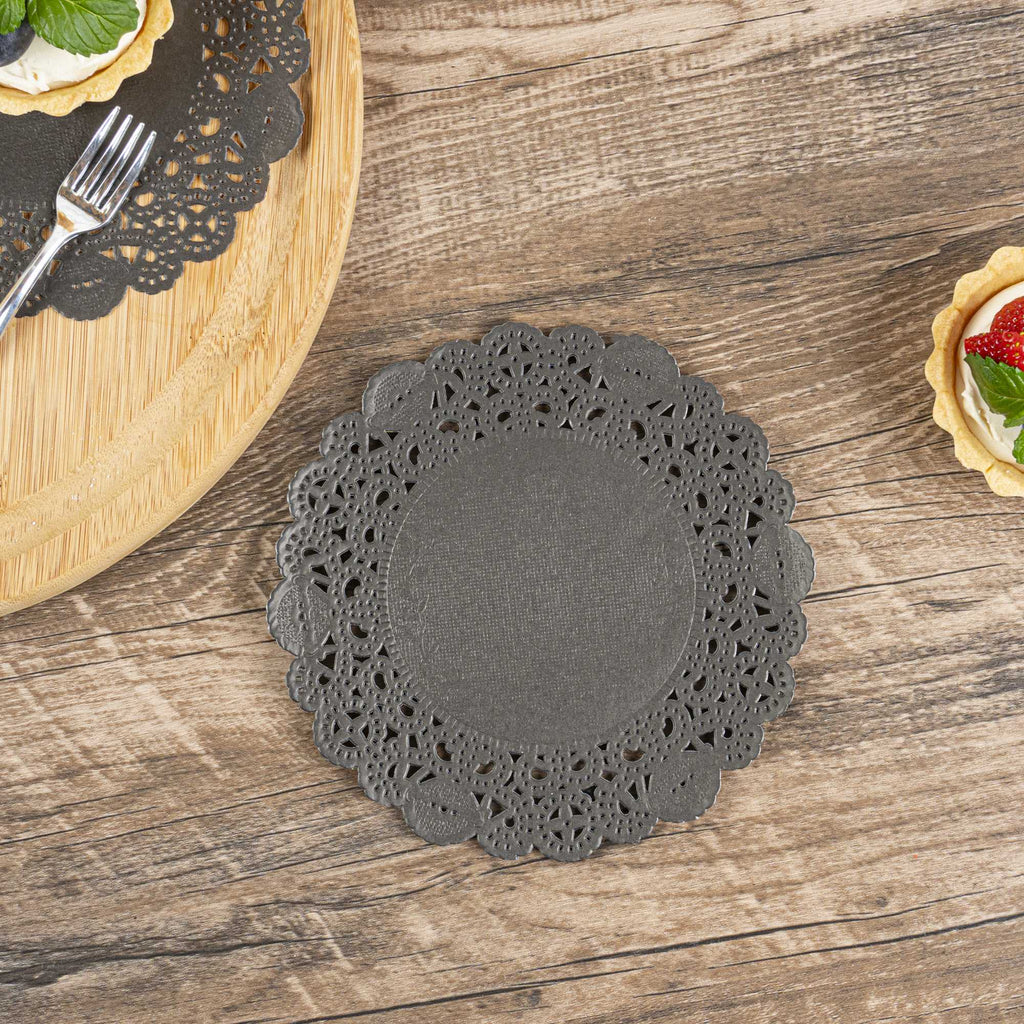 Pastry Tek Round Black Paper Doilies - Lace - 6" x 6" - 100 count box