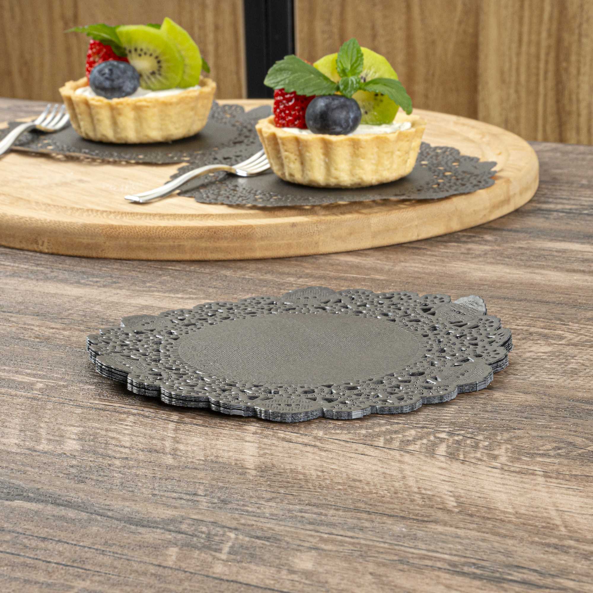 Pastry Tek Round Black Paper Doilies - Lace - 6" x 6" - 100 count box