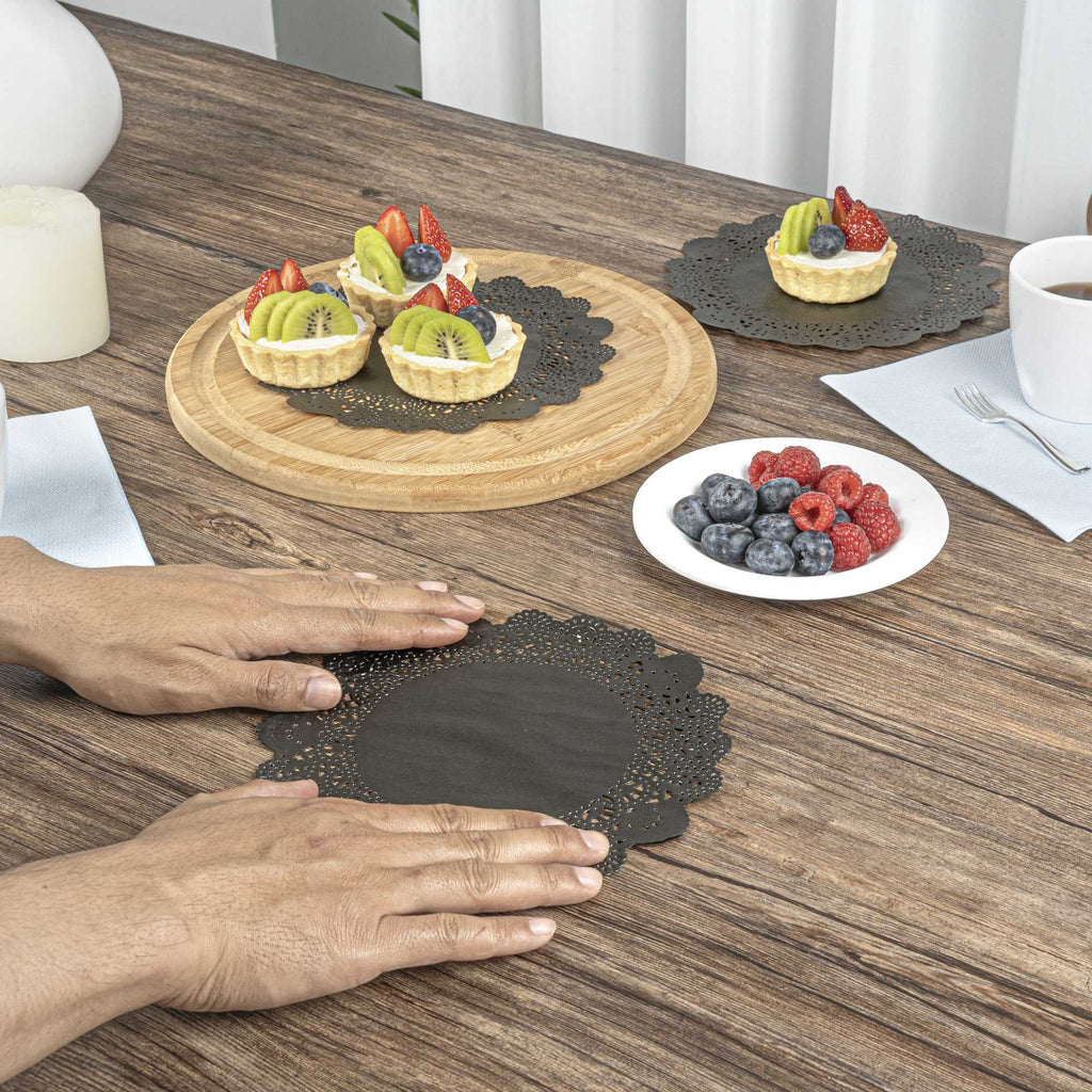 Pastry Tek Round Black Paper Doilies - Lace - 6" x 6" - 100 count box