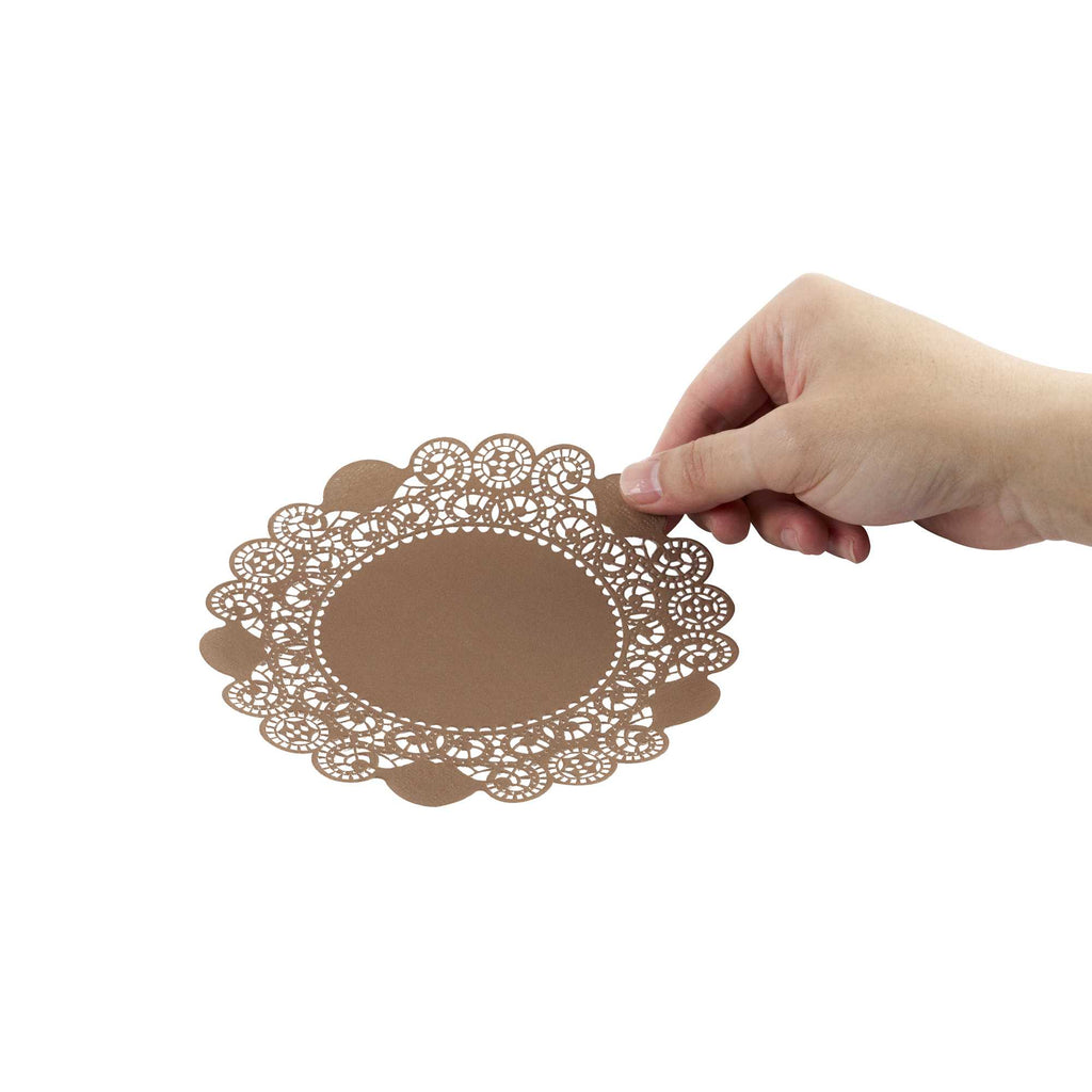 Pastry Tek Round Brown Paper Doilies - Lace - 6" x 6" - 100 count box