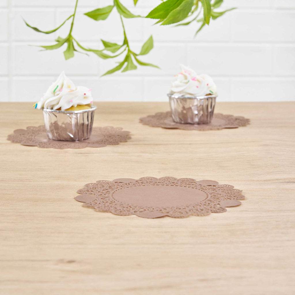 Pastry Tek Round Brown Paper Doilies - Lace - 6" x 6" - 100 count box