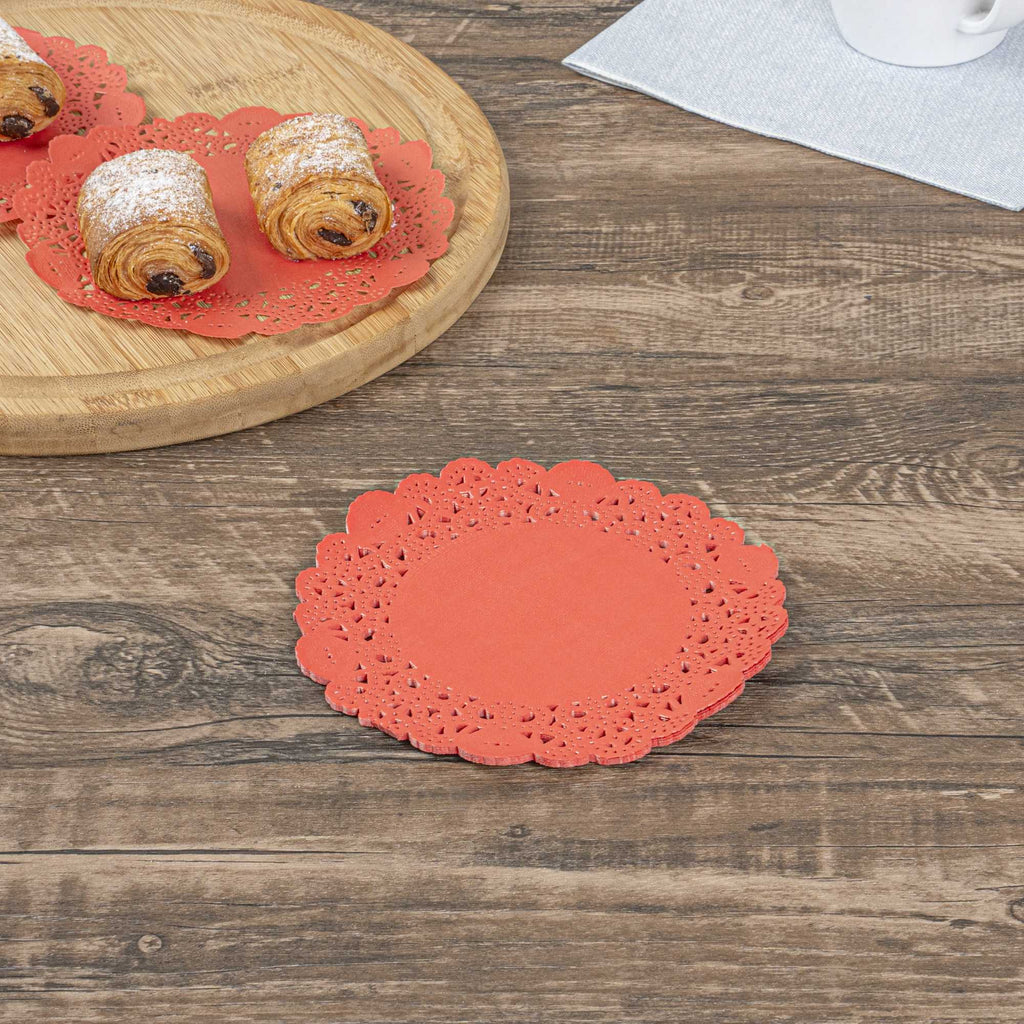 Pastry Tek Round Red Paper Doilies - Lace - 6" x 6" - 100 count box
