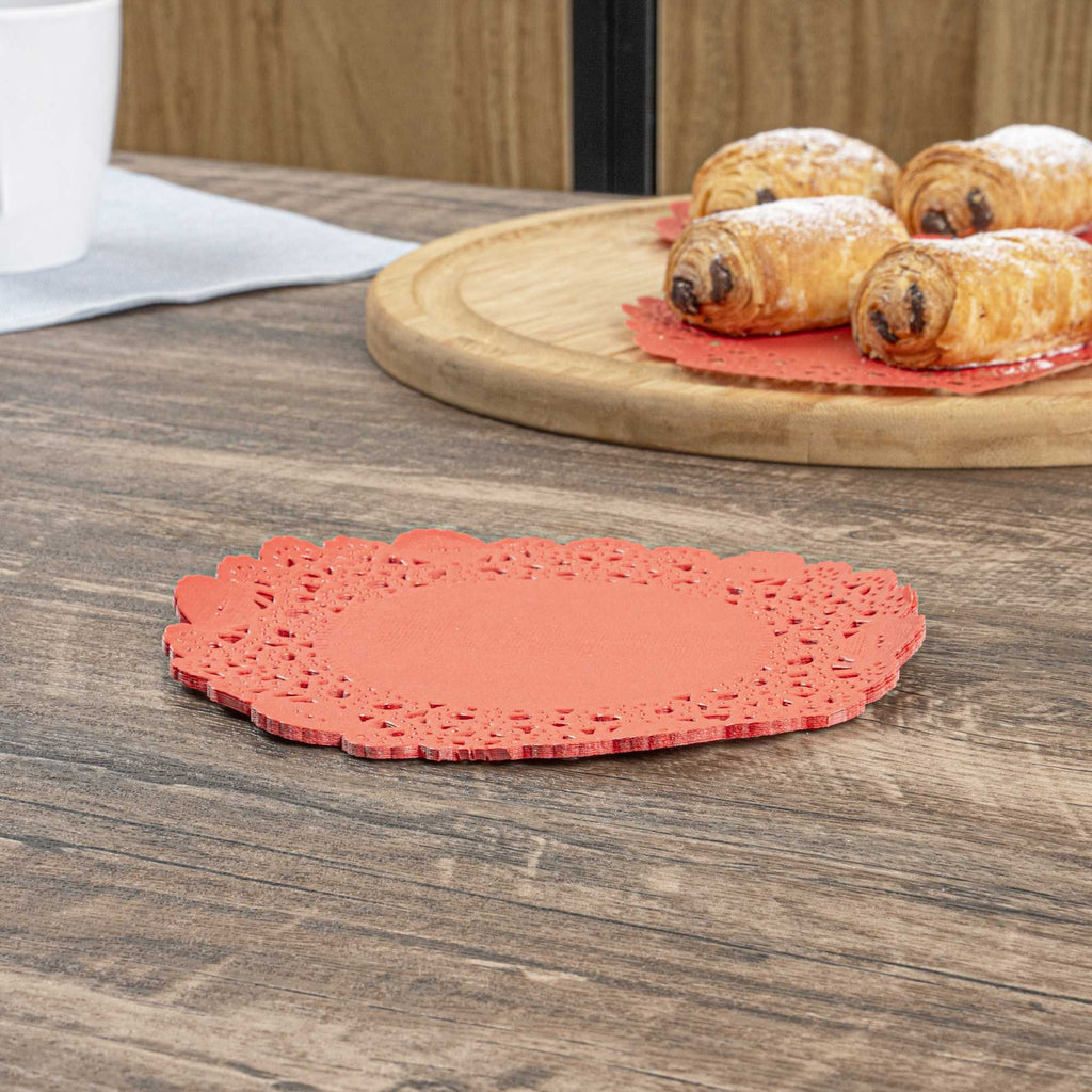 Pastry Tek Round Red Paper Doilies - Lace - 6" x 6" - 100 count box