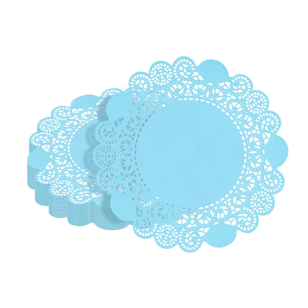 Pastry Tek Round Sky Blue Paper Doilies - Lace - 6" x 6" - 100 count box