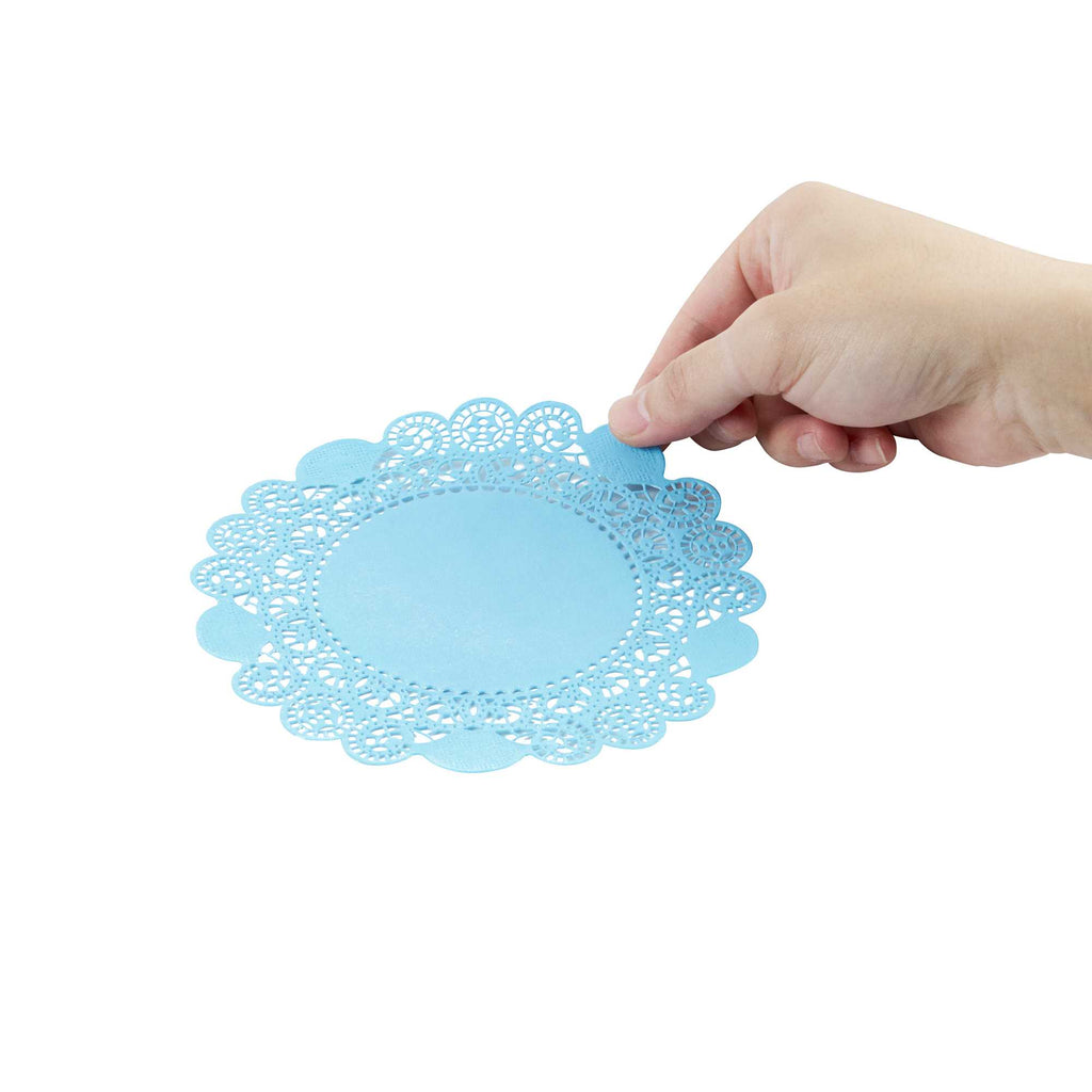 Pastry Tek Round Sky Blue Paper Doilies - Lace - 6" x 6" - 100 count box