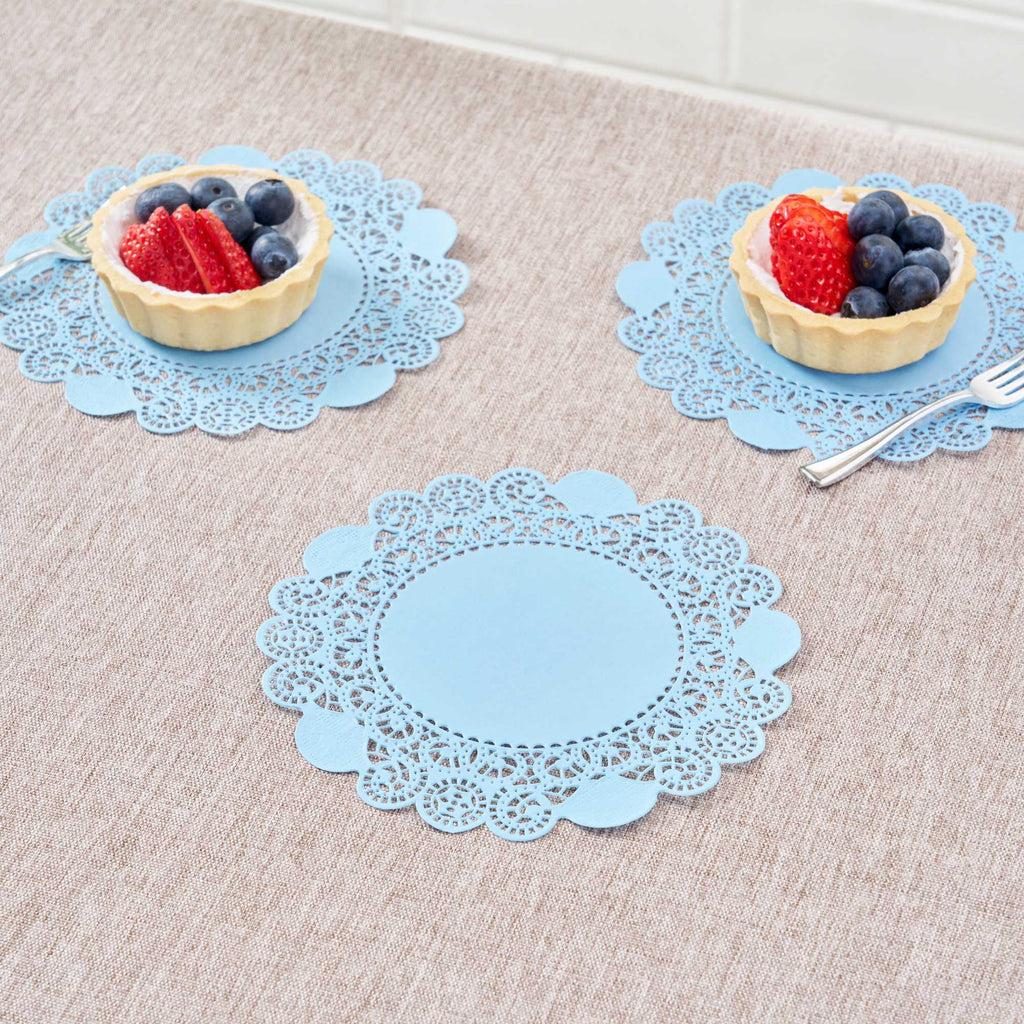 Pastry Tek Round Sky Blue Paper Doilies - Lace - 6" x 6" - 100 count box
