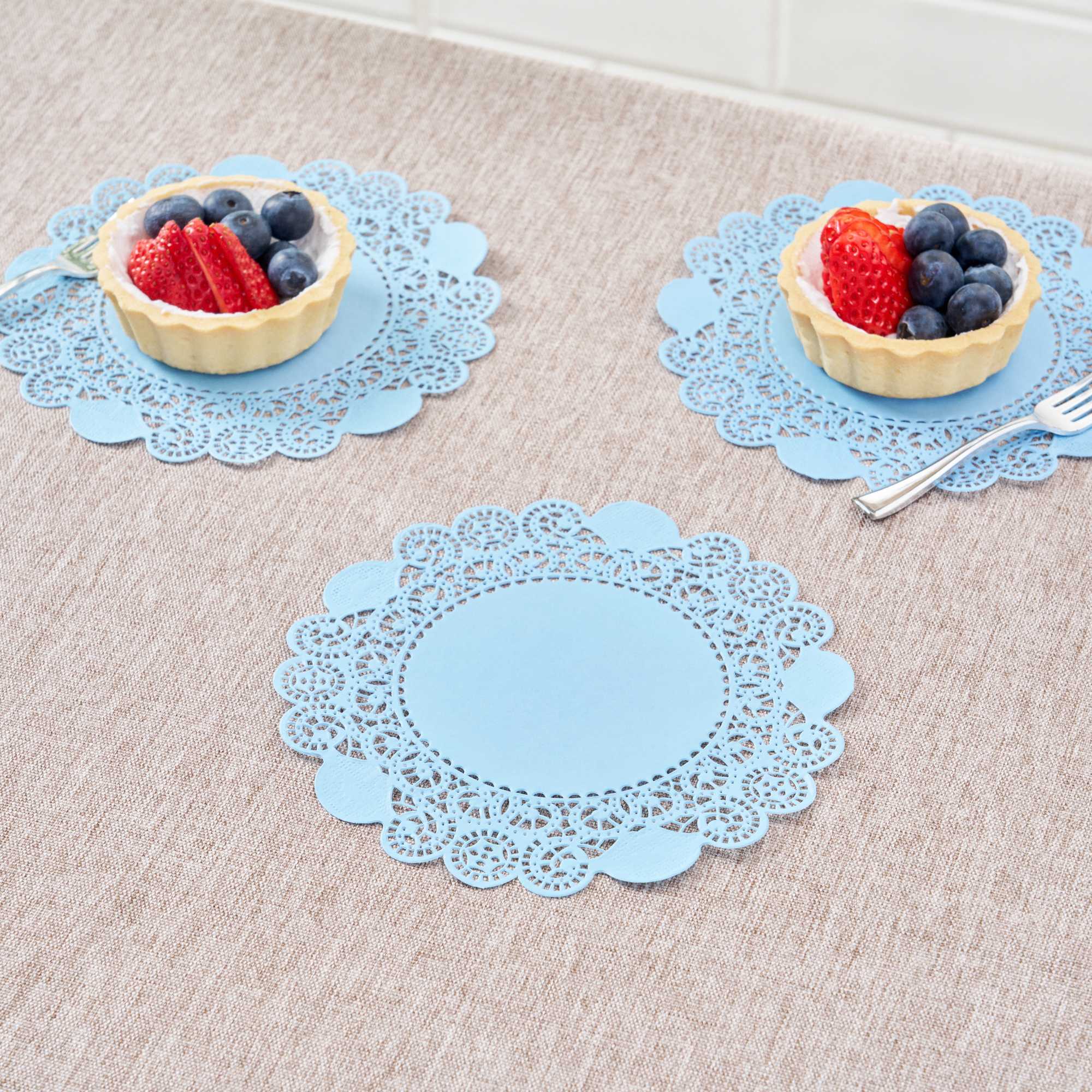 Pastry Tek Round Sky Blue Paper Doilies - Lace - 6" x 6" - 100 count box