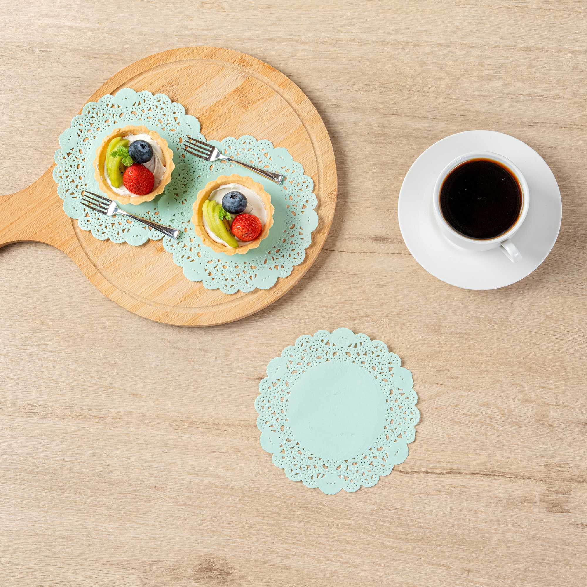 Pastry Tek Round Teal Paper Doilies - Lace - 6" x 6" - 4000 count box
