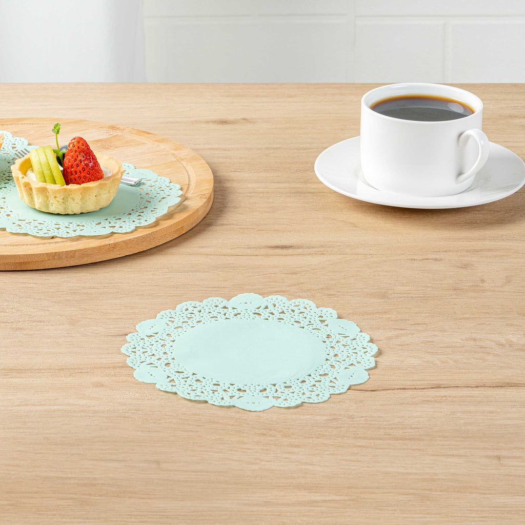 Pastry Tek Round Teal Paper Doilies - Lace - 6" x 6" - 4000 count box