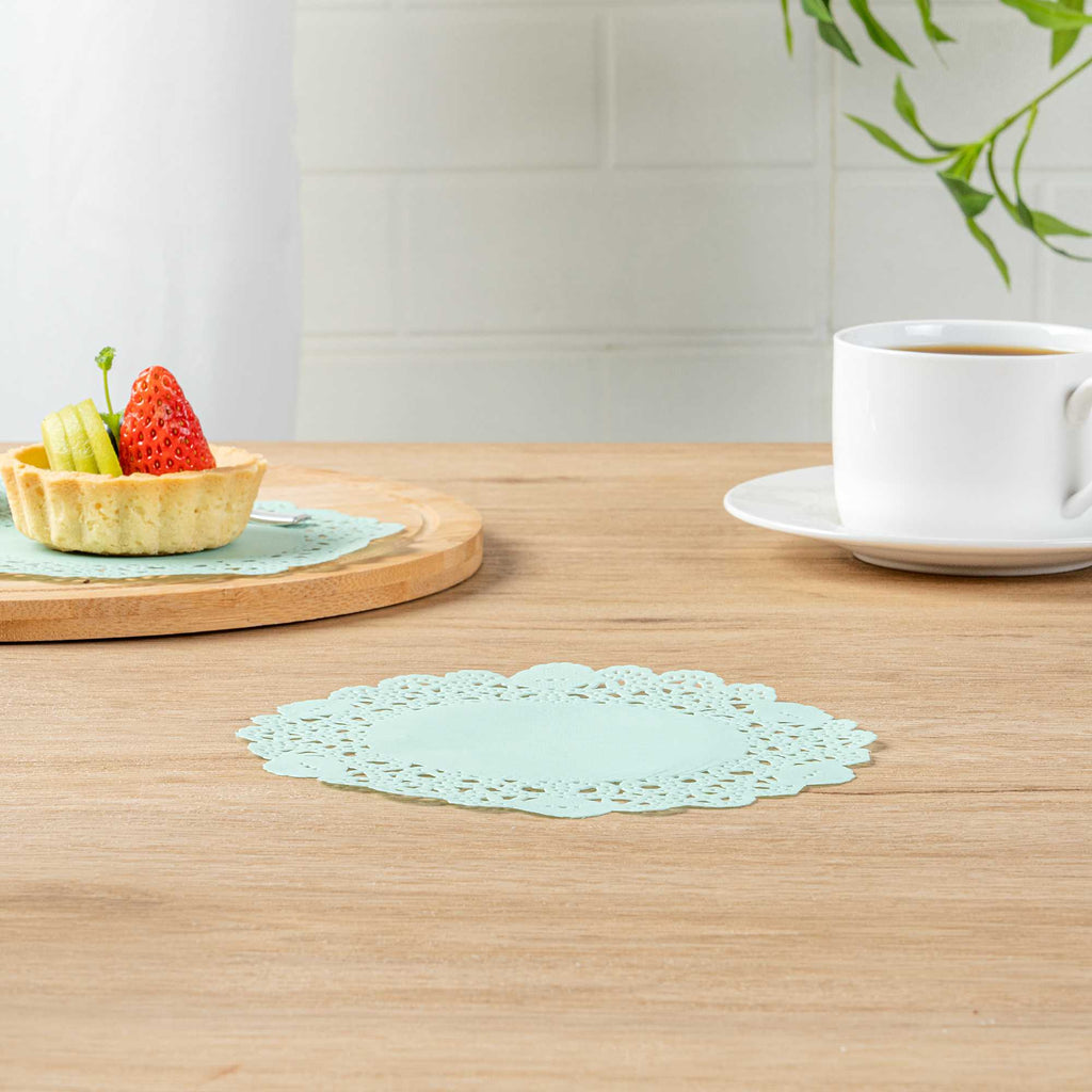 Pastry Tek Round Teal Paper Doilies - Lace - 6" x 6" - 4000 count box