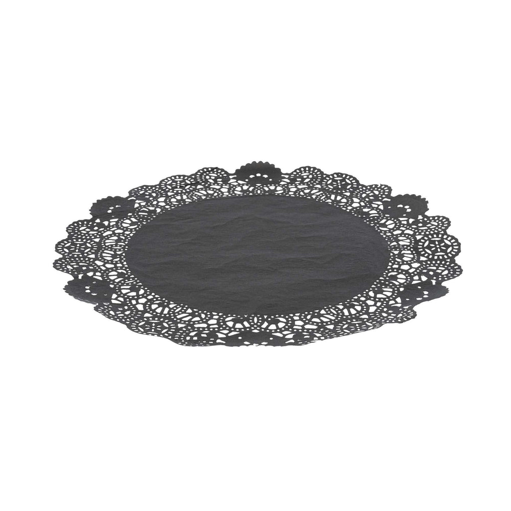Pastry Tek Round Black Paper Doilies - Lace - 12" x 12" - 100 count box