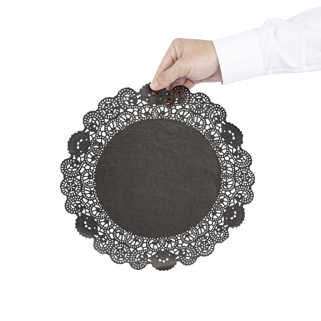Pastry Tek Round Black Paper Doilies - Lace - 12" x 12" - 4000 count box