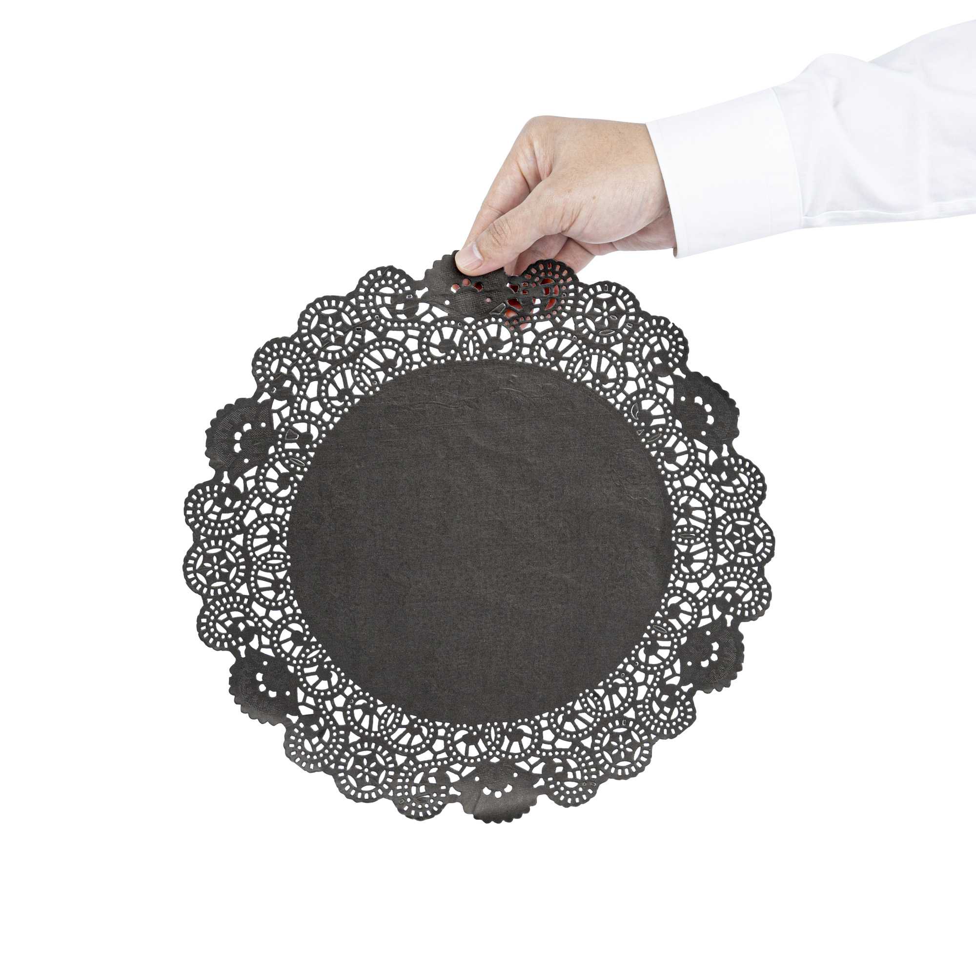 Pastry Tek Round Black Paper Doilies - Lace - 12" x 12" - 4000 count box