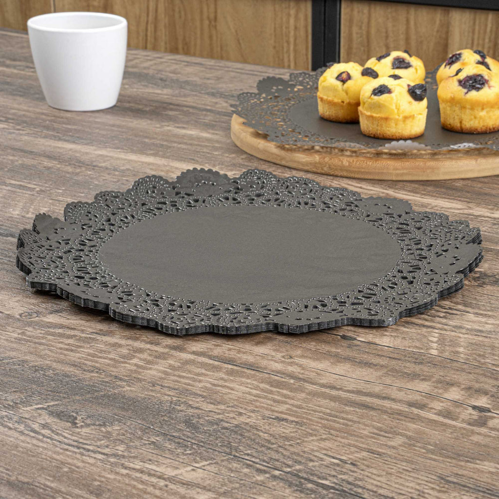Pastry Tek Round Black Paper Doilies - Lace - 12" x 12" - 4000 count box